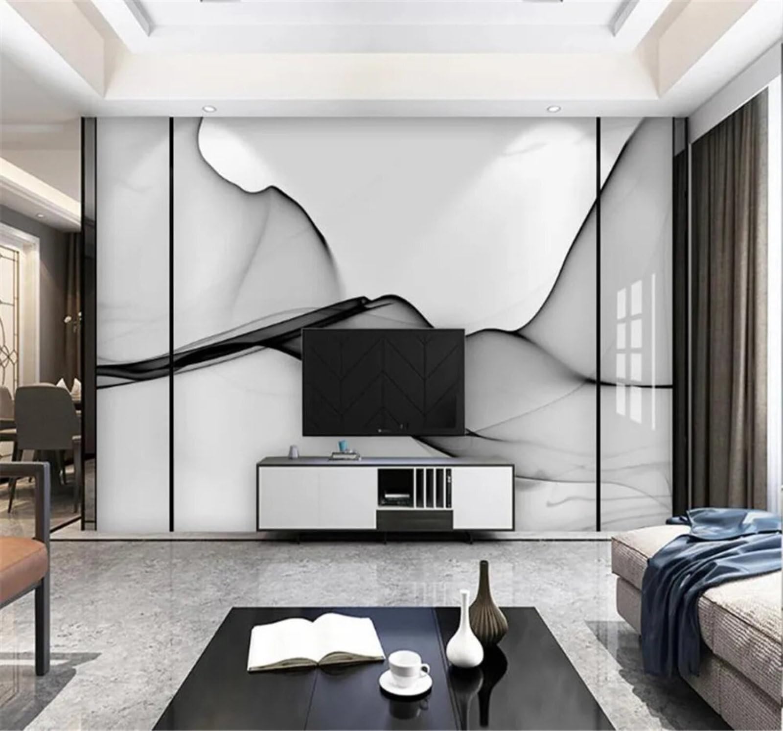 Tzxztt Minimalist Abstract Ink Lines Marble Effect Modern 3D Wallpaper Premium Textured Silk Neutral Tones Material Ideal for Living Room Bedroom-350cm×256cm