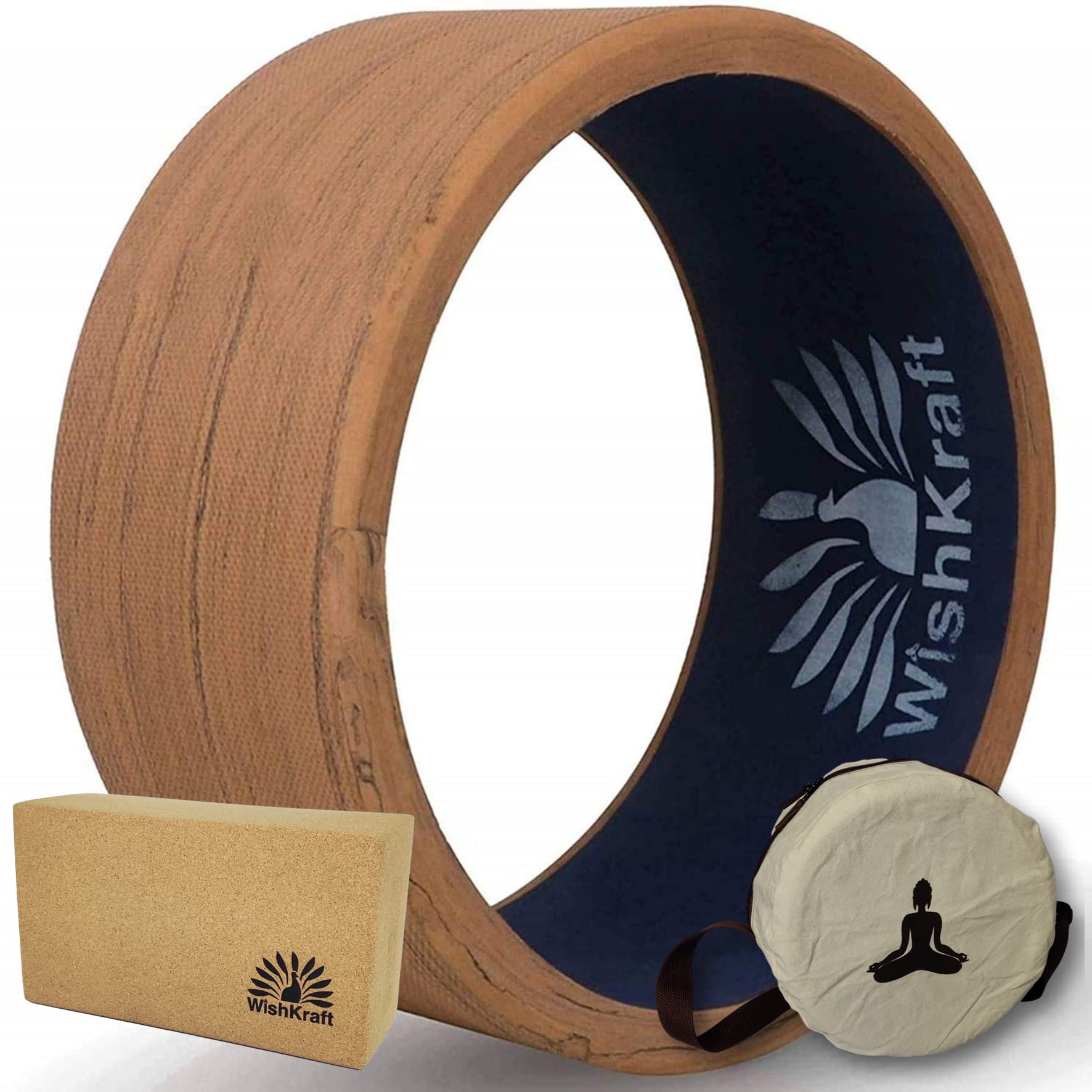 WishKraft WIDE Yoga Wheel Roller 13 x 6.25 inch [Teak Brown] for Men & Women with Canvas Bag & CORK Block [1 Brick] for Back Bends, Stretching & Flexibility | Eco-Friendly, Non-Slip & Sweat Resistant | Made in India