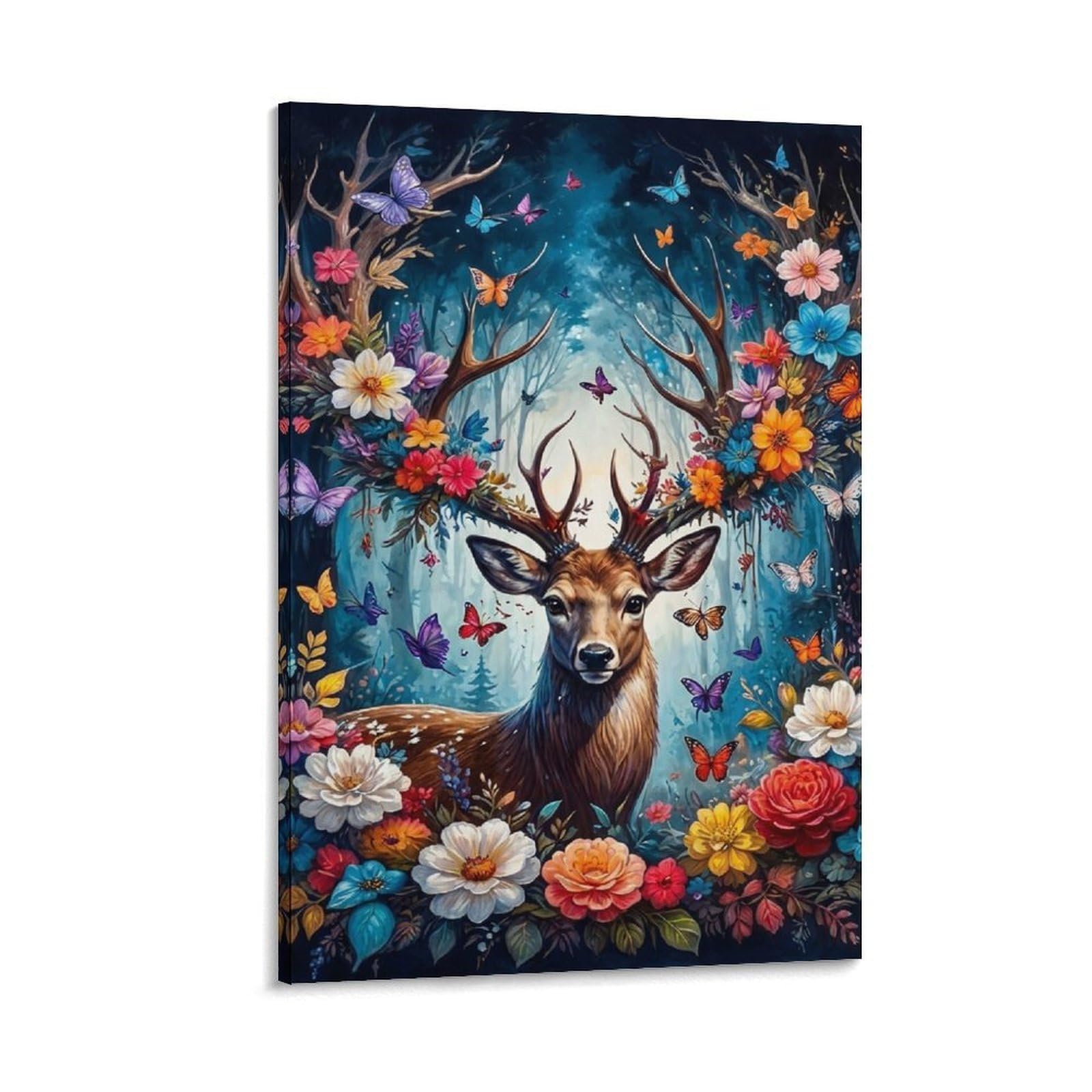 DHBANEIOK Fantasy Deer Floral Poster Artwork Canvas Prints Picture Modern Wall Art Picture Wall Hanging for Office Gym Living Room Decor 24x36inch(60x90cm)