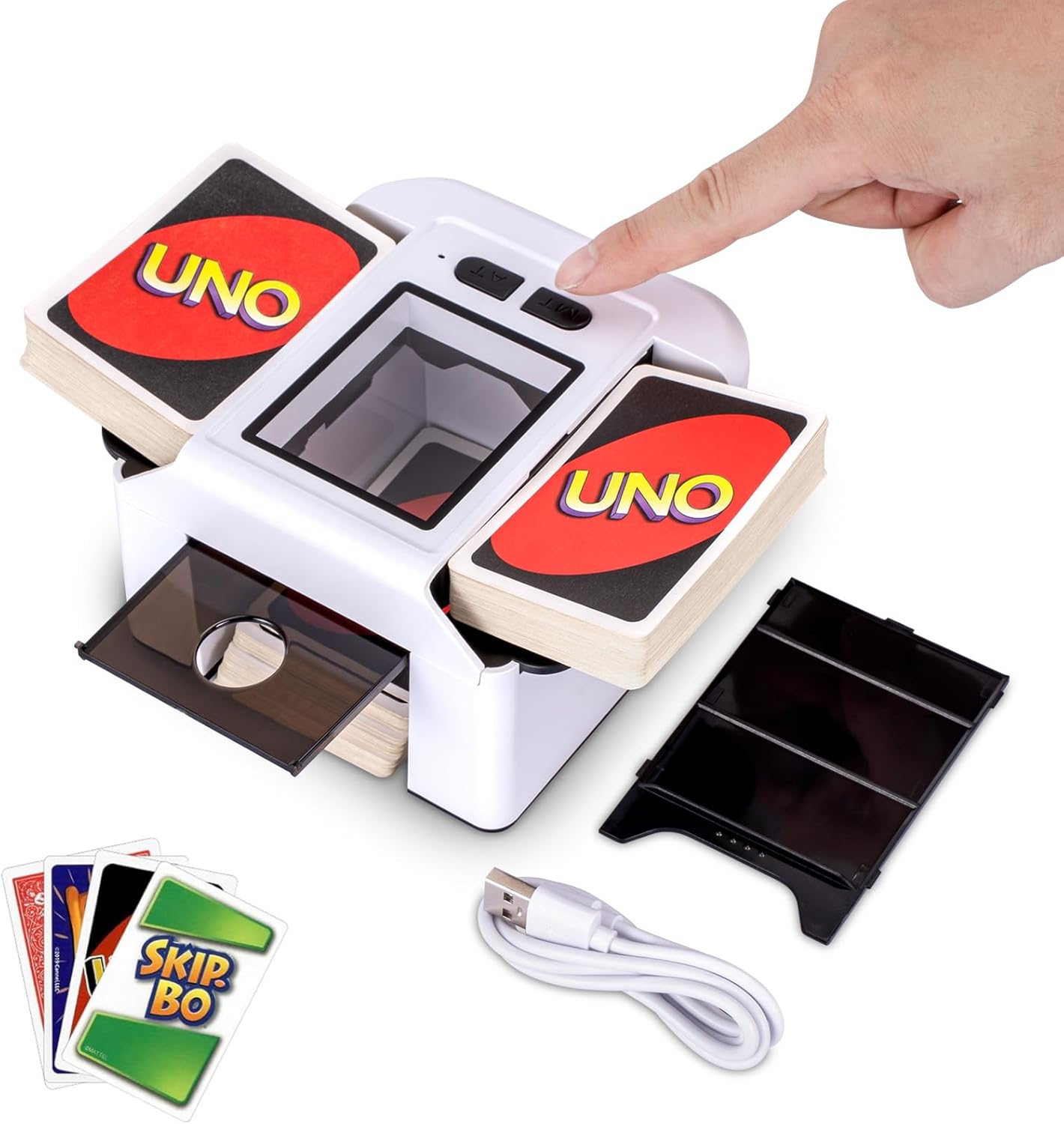 Automatic Card Shuffler, Rechargeable Portable UNO Shuffler Machine with Dual Modes & Type-C Charging, Handles 1-2 Decks, for Poker, UNO, Blackjack, Skip-Bo, Phase 10