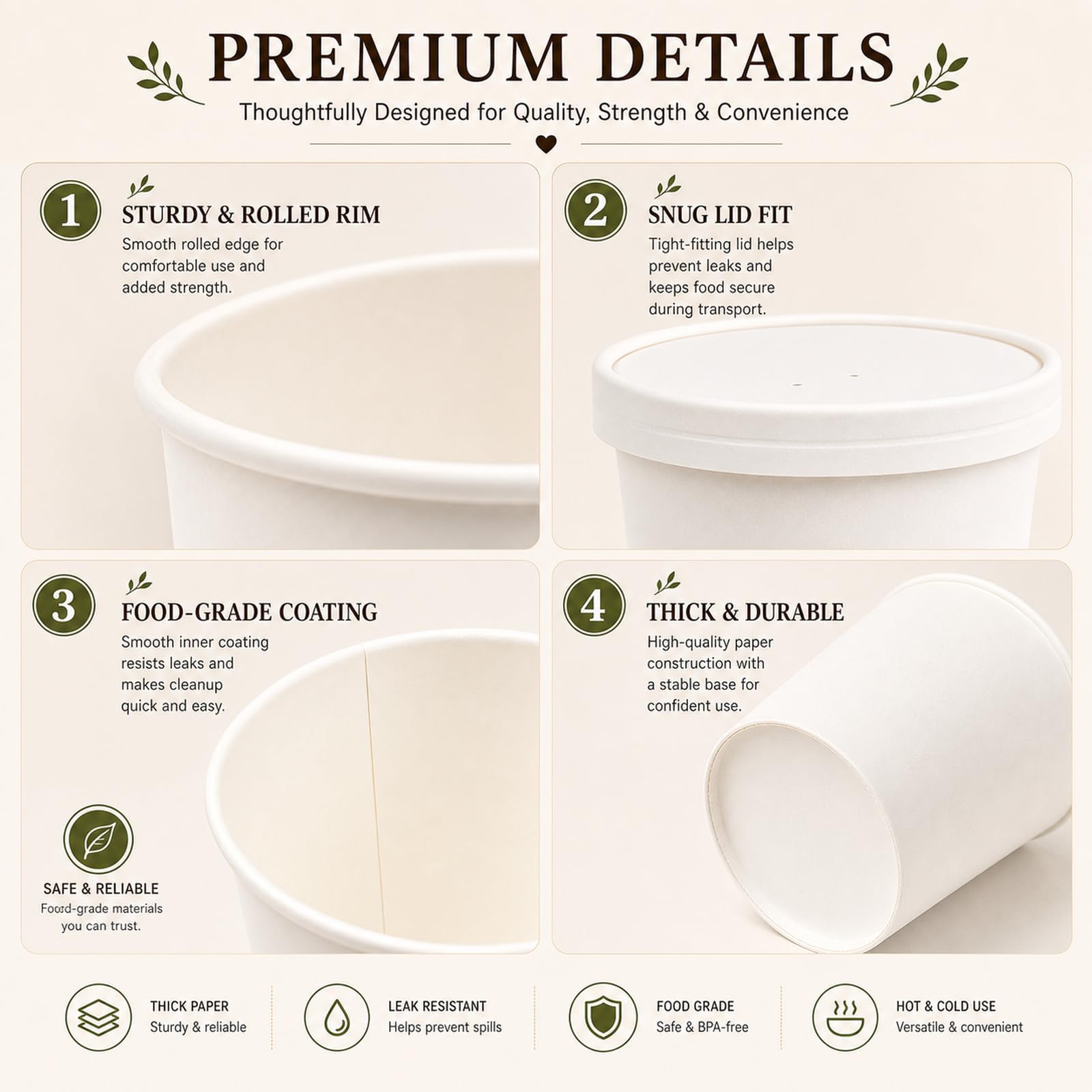 STARVAST 50 vasos de sopa de papel con tapa, 480 ml, vasos desechables con tapa, vasos con revestimiento interior de PLA, cuencos desechables para ensaladas, helados, sopa, café