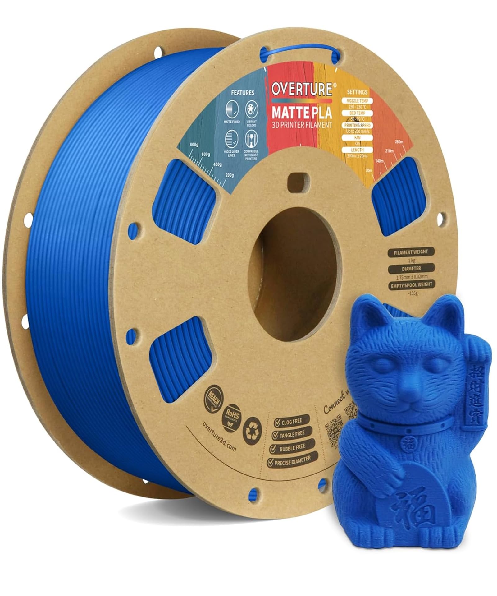 OVERTURE Matte PLA 3D Printer Filament 1.75mm, Matt Surface & Low Warping Filament 1kg Spool (2.2 lbs), Accuracy +/- 0.02 mm, Fit Most FDM Printers (Matte Blue)-picture-18