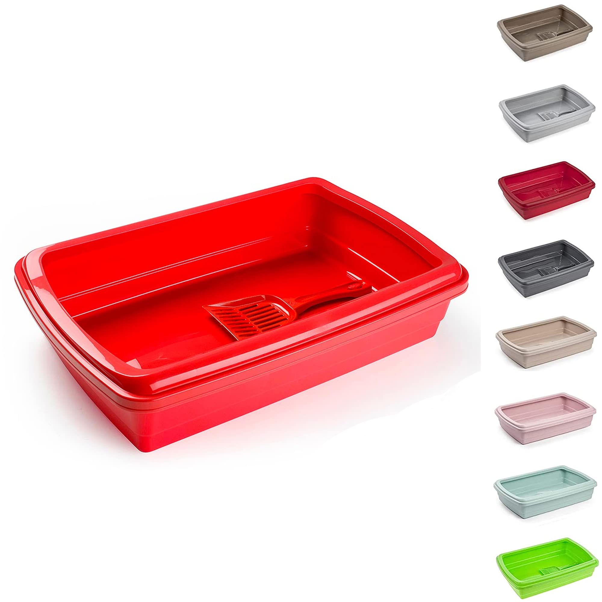 PLASTIFIC Large Cat Litter Tray or Set with Bowls + Scoop Open Plastic Box Toilet Rim Easy Cleaning Litter Tray, Litter Box, Kittens/Cats (Red)