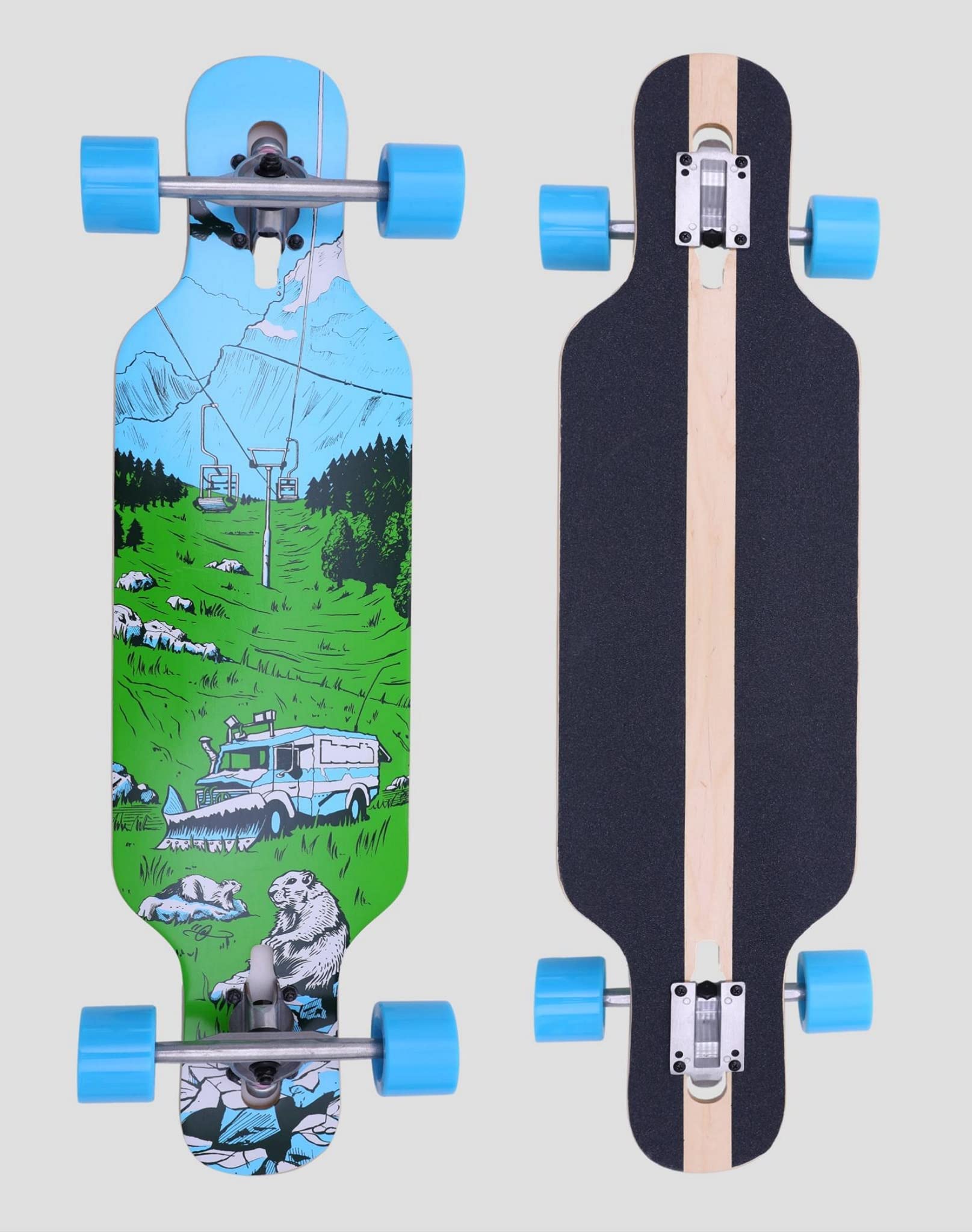 Longboard 92 cm para Freestyle y Freeride Nature - theLongboarder| Ejes de Aluminio Drop-Through 180 mm | Ruedas Poliuretano 70x51 mm | Rodamientos ABEC-7 | Ideal para Adolescentes y Adultos