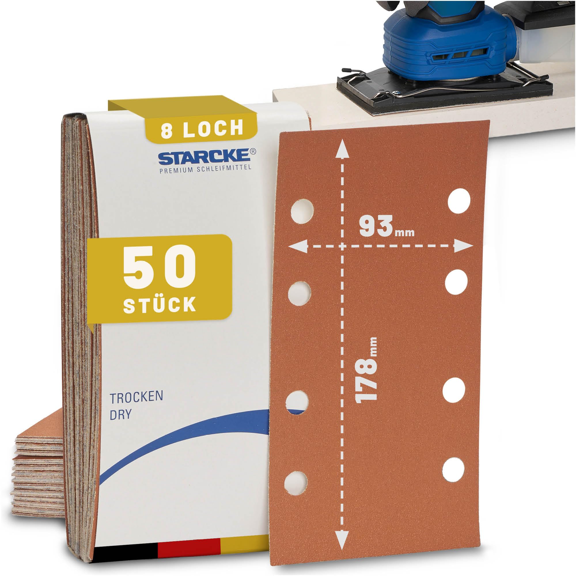 STARCKE® Schleifpapier für Schwingschleifer & Handschliff [93x178mm] - 8-Loch Schleifstreifen mit Spezial-Stearatbeschichtung - MADE IN GERMANY - für Holz, Kunststoff, Lack, Spachtel (P180)