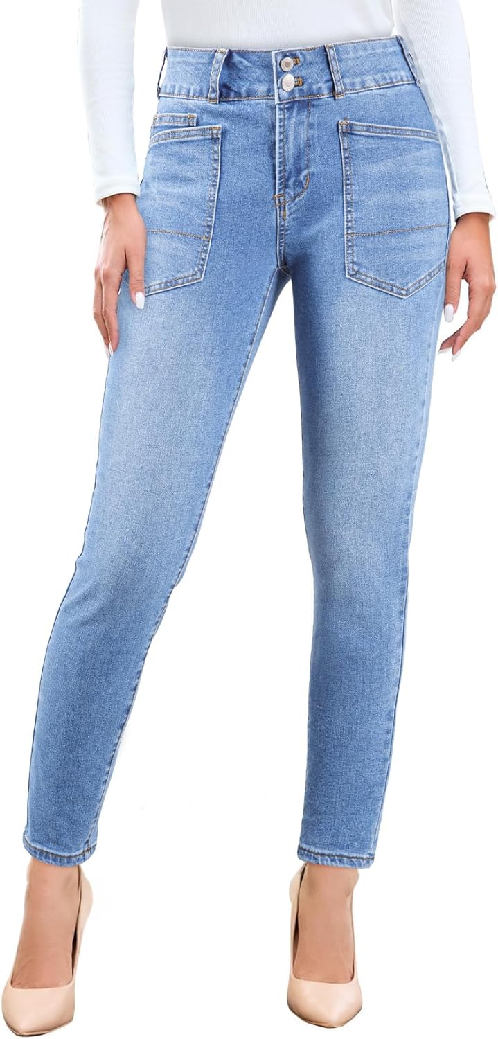 Sidefeel Women's Skinny Jeans Straight Leg High Waisted Stretchy Ankle Denim Pants with Patch Pockets