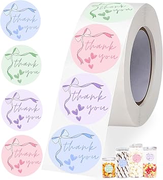 YOJO Thank You Stickers, 500 Pcs 1 Inch Cute Bow Thank You Stickers, Self-Adhesive Stickers for Small Business Envelope Seals Gift Wraps Party Wedding Birthday
