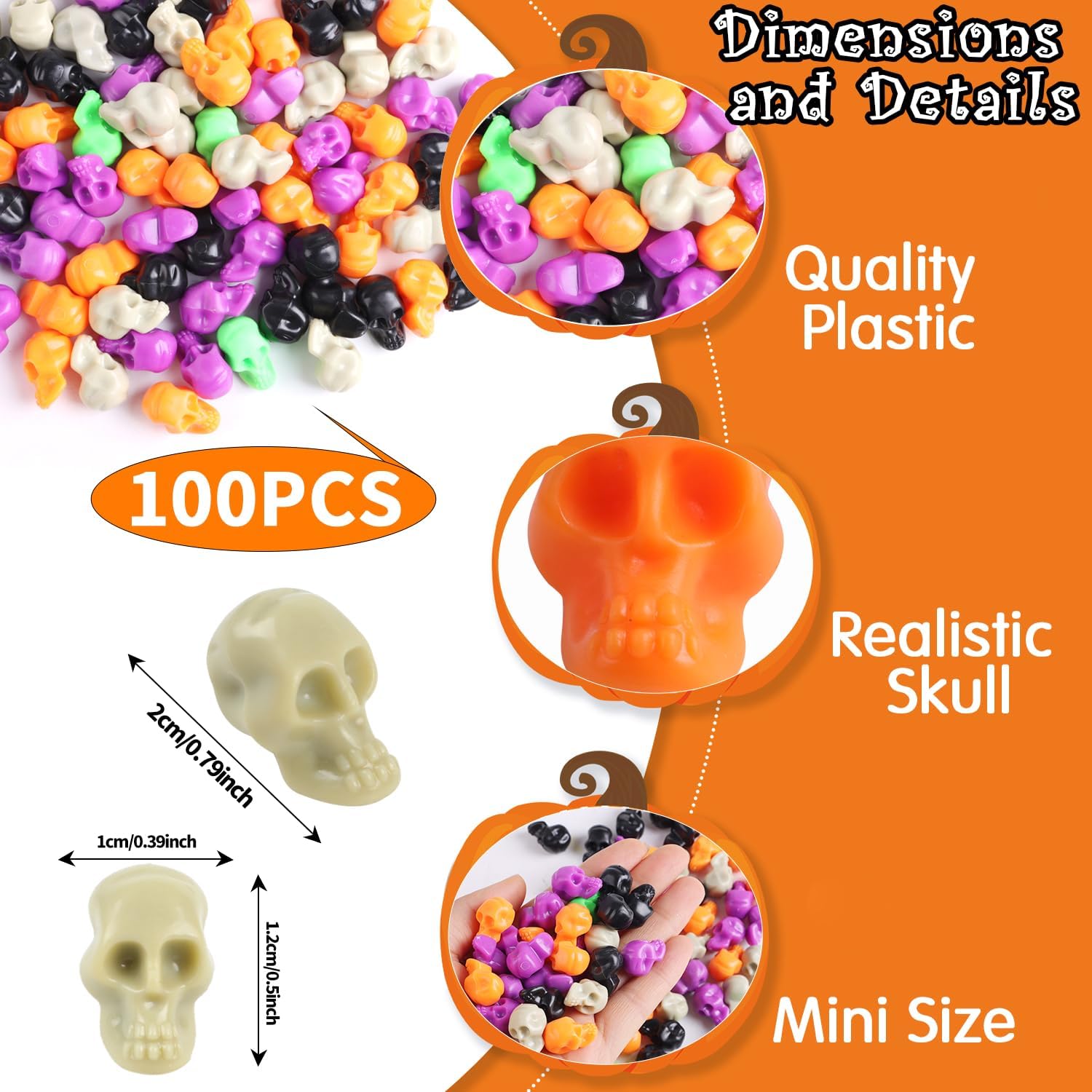 KIMOBER 100PCS Mini Skulls Heads Miniature Figurines,Multicolor Small Plastic Realistic Halloween Skeleton Prank Props for Party Bar Home Table Decorations(5 Colors)
