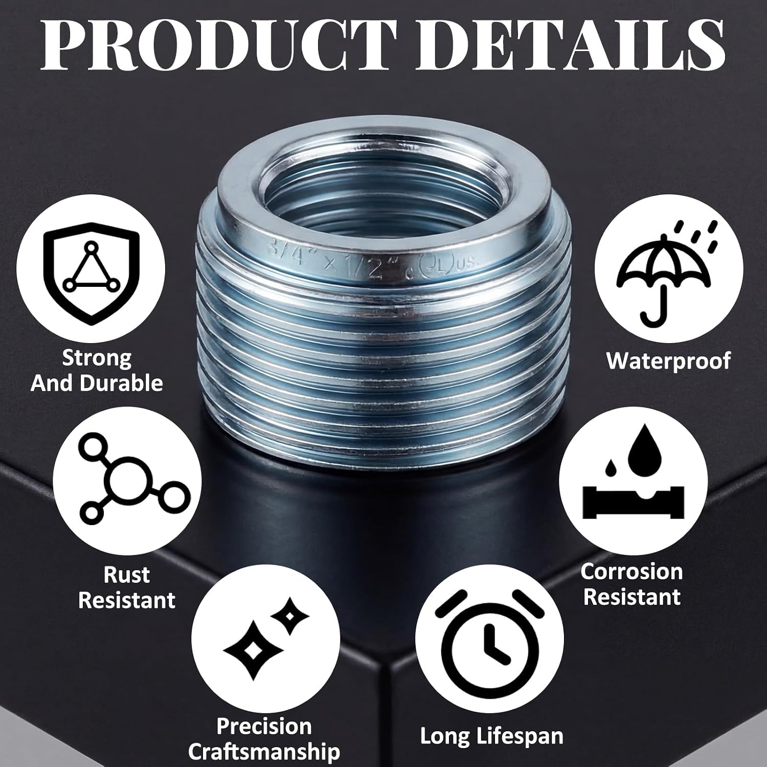 60 Pack Reducer Bushing Thread Reducer for Electrical Conduit Npt Thread 3/4 to 1/2 Inches for Rigid Conduit Connections Silver Galvanized Steel with Culus Listed
