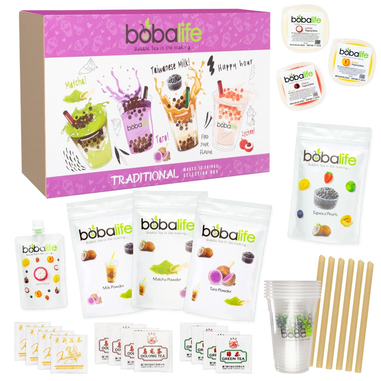Bobalife Traditional Bubble Tea Kit | Makes 12 Authentic Boba Drinks with Tapioca & Popping Pearls | Vegan & Gluten Gift Set