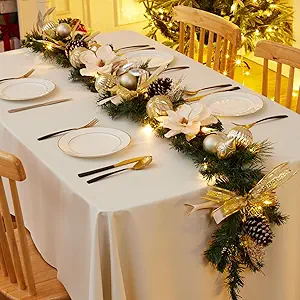 GarveeHome 6ft Christmas Garland with Lights for Mantle, Lighted Battery Operated Christma Garland with Gold Balls Pine Cones Magnolia Flowers for Table Centerpiece Fireplace Window Outdoor Decor