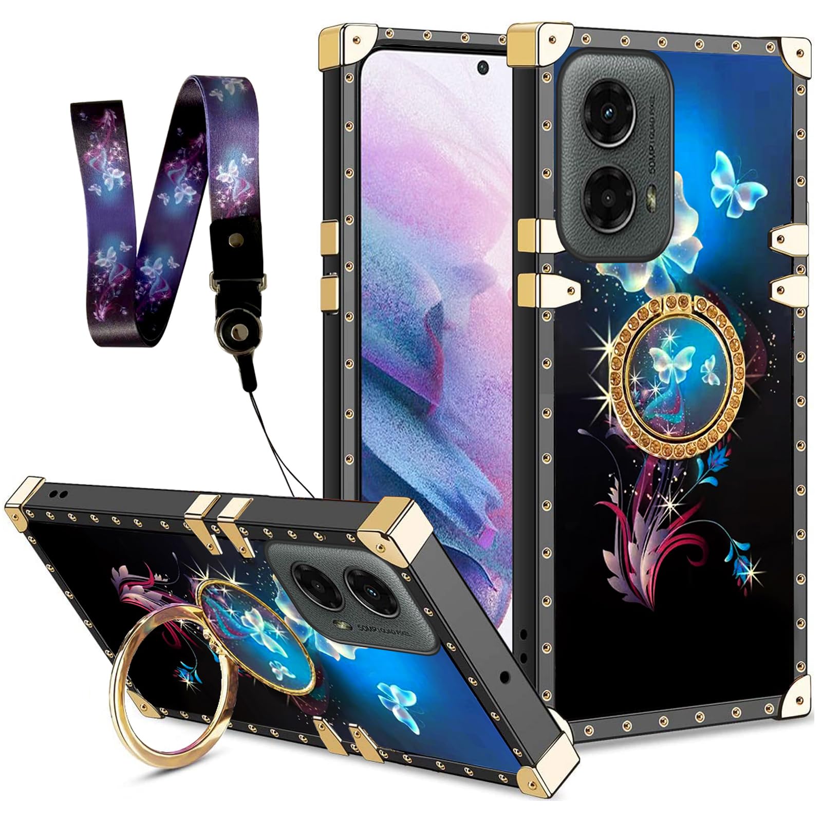 for Moto G 5G 2024 Case (NOT Fit 4G) Girls Women Butterfly Black Fantasy Case with Ring Kickstand Lanyard Drop Protector Cover for Motorola Moto G