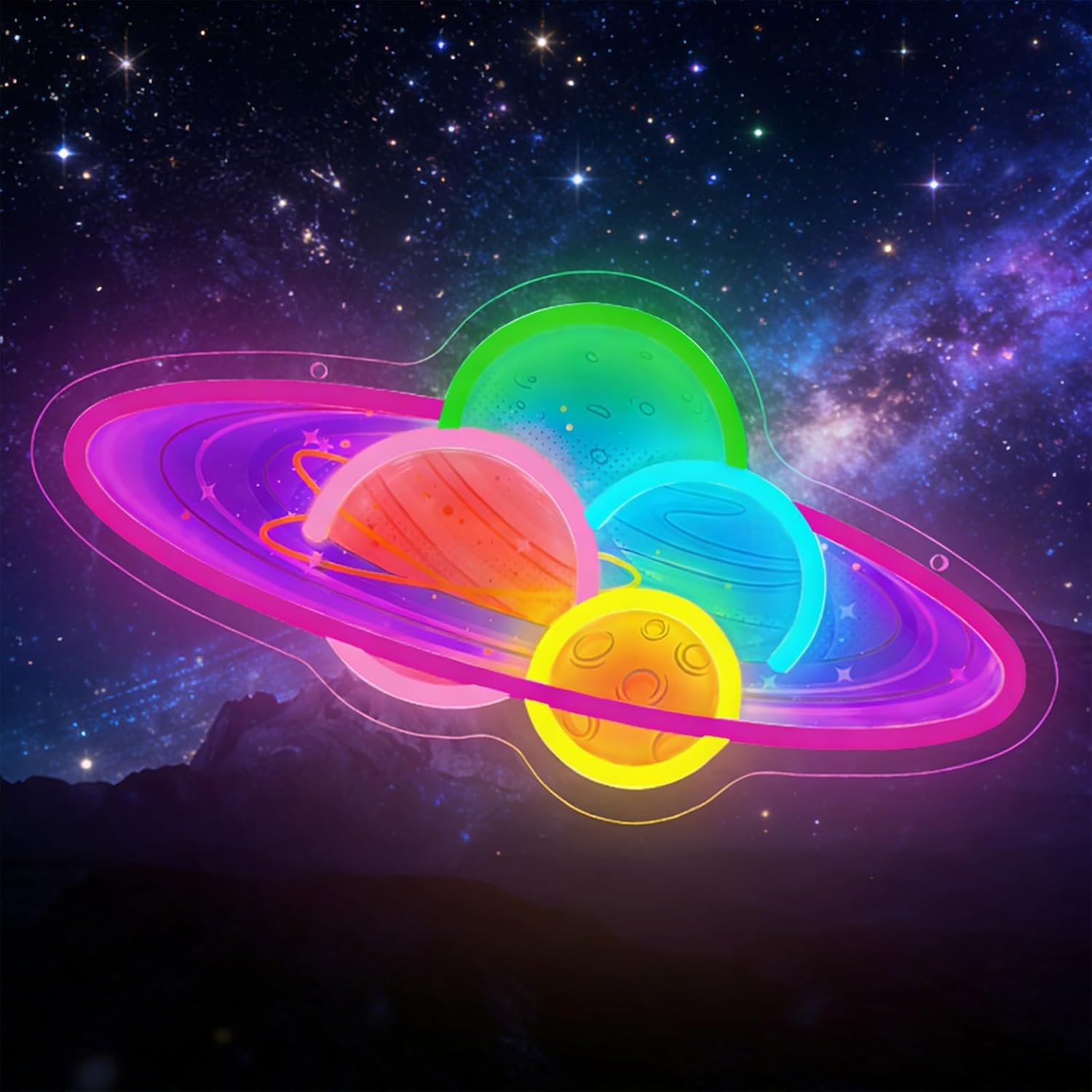 Planet Neon Sign Dimmable Saturn Led Neon Signs for Wall Decor Colorful Four-Planet Combination Space Neon Light Up Sign for Bedroom Living Room Game Room Kids Present Birthday Party