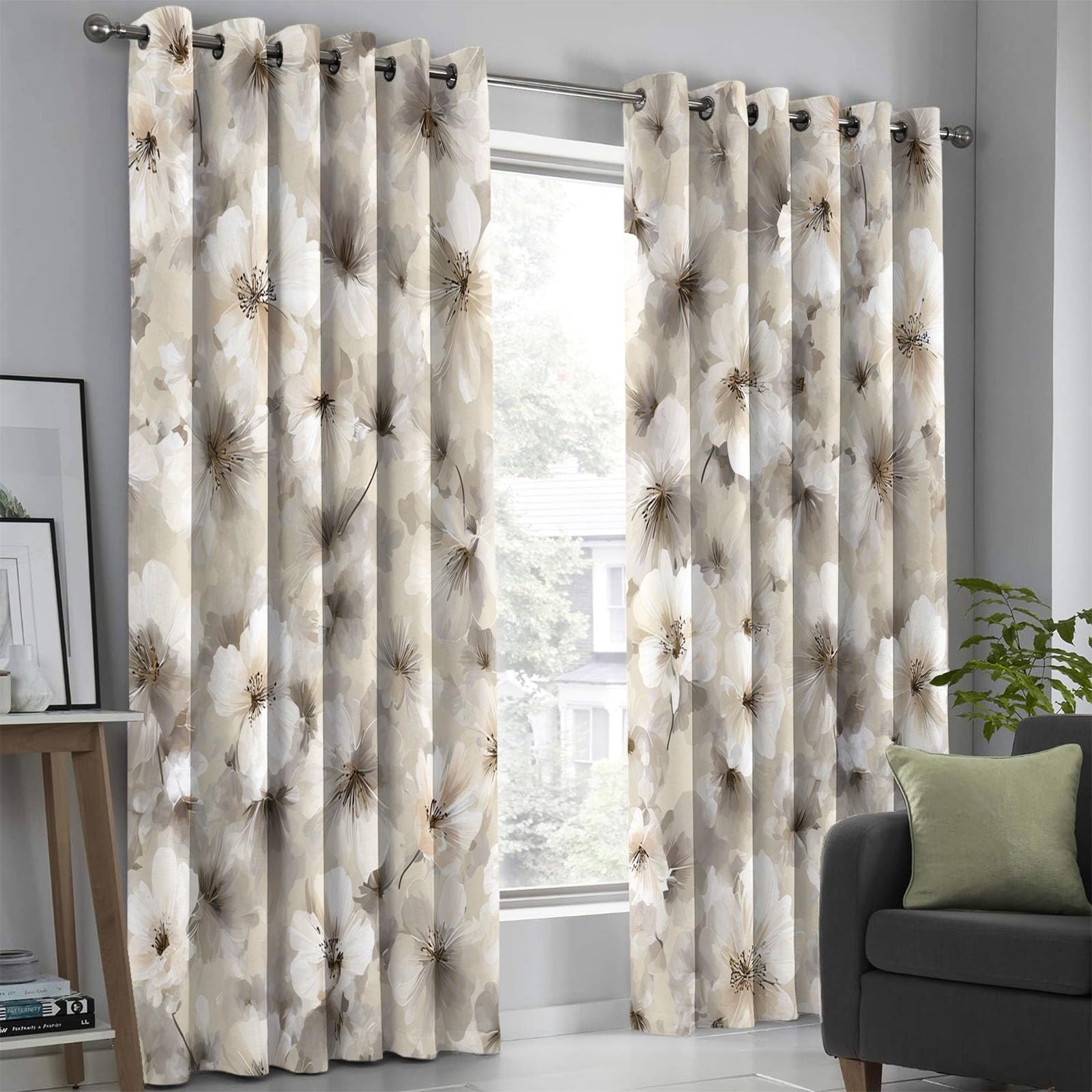 Cortinas Opacas con Estampado Dormitorio, 140×160 CM, con Estampado de Flores Abstractas CaíDas con Ojales, Aislamiento TéRmico Crema, ReduccióN De Ruido, Juego De 2