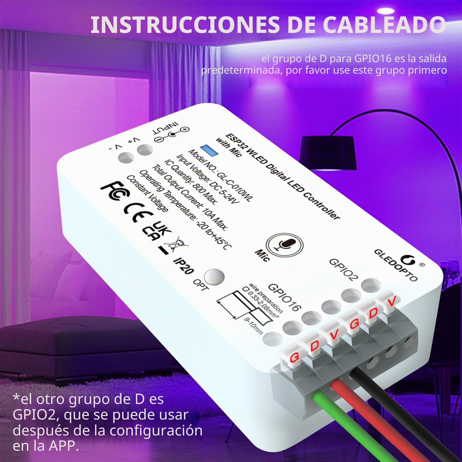 Controlador Wled ESP32, controlador WLED GL-C-010WL-D, control de luz de tira digital con función MIC, tira direccionable Esp32 con descarga de micrófono WS2811 2812B 2813 2815 GS8208 SM16703PSK6812