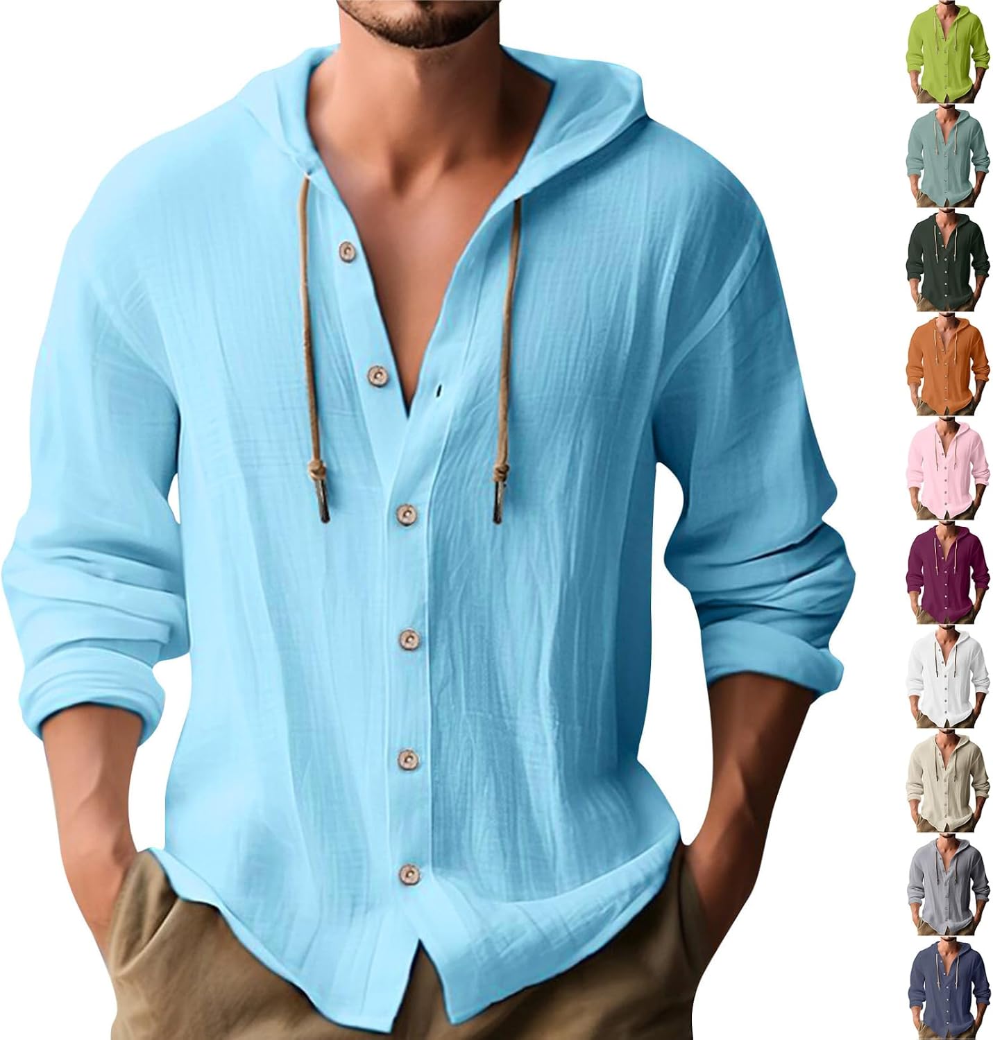 BFAFEN Linen Long Sleeve Shirts for Men Lightweight Breathable Button Down Hoodie Drawstring Fashion Casual Muscle Shirts