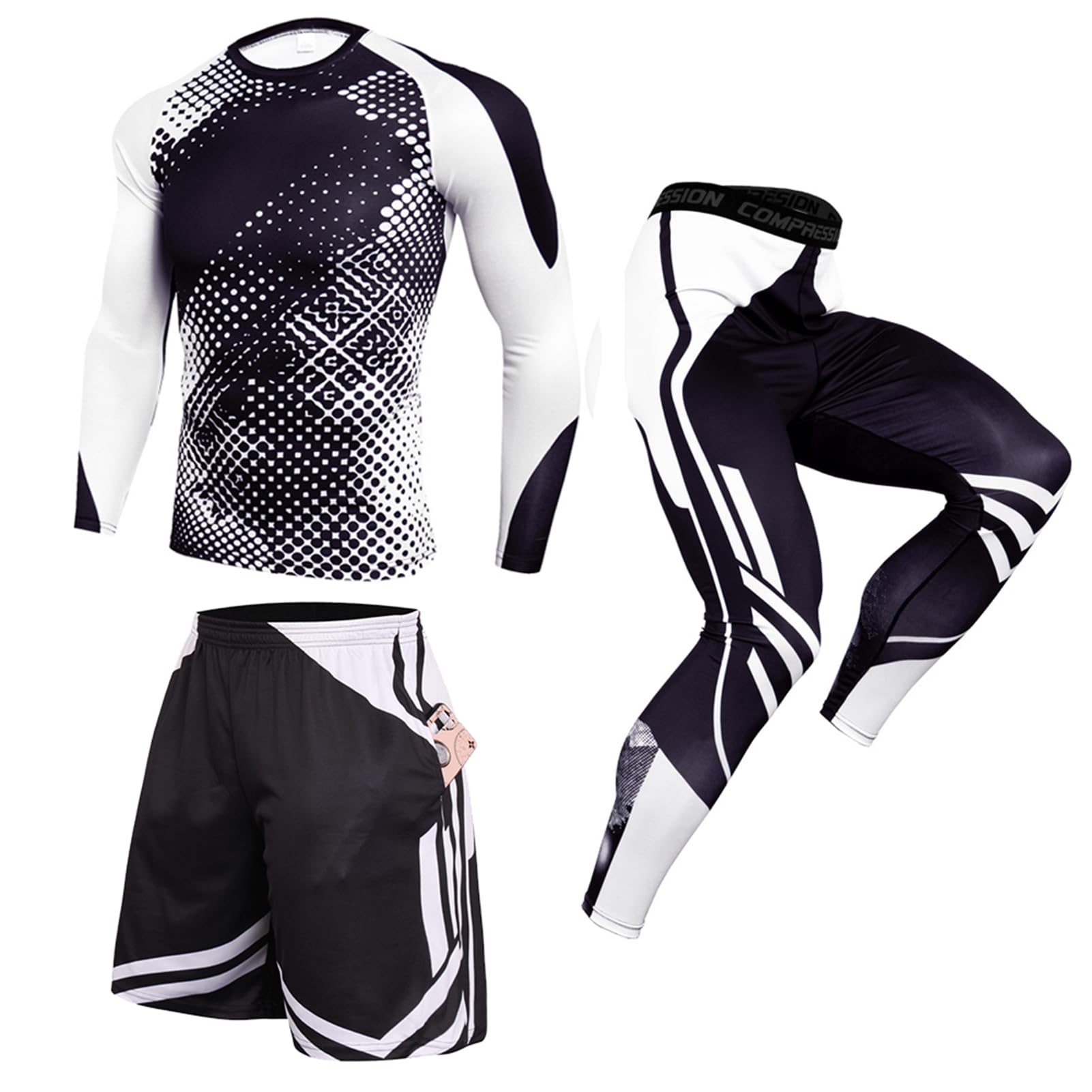 3 pièces Ensemble Compression Homme Tenue, Sport Fitness Vêtement, Running Shirt Compression Legging Sport Short, Running Jogging Cyclisme