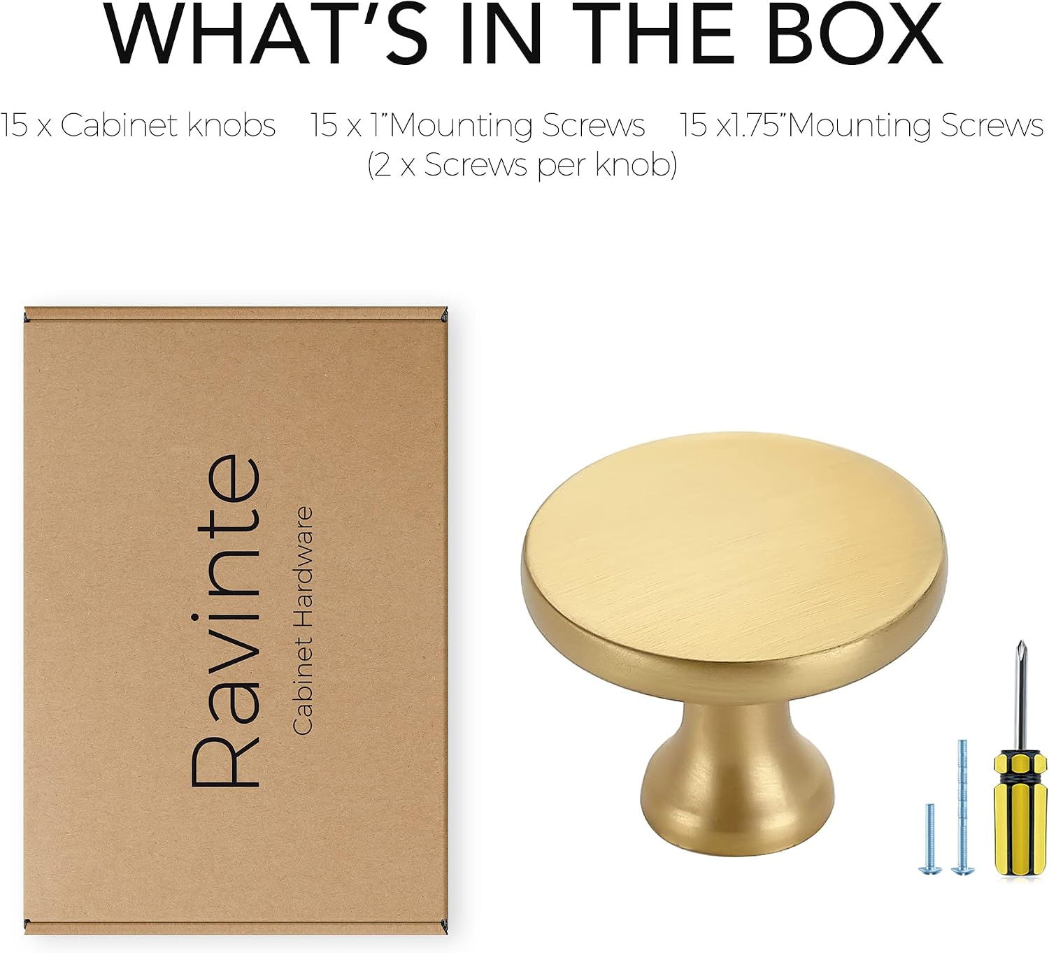 Ravinte 15 Pack Solid Metal Knobs Dresser Drawer Gold Cabinet Hardware Round Cabinet Door Knobs Kitchen Brushed Brass Drawer Pulls with Screwdriver