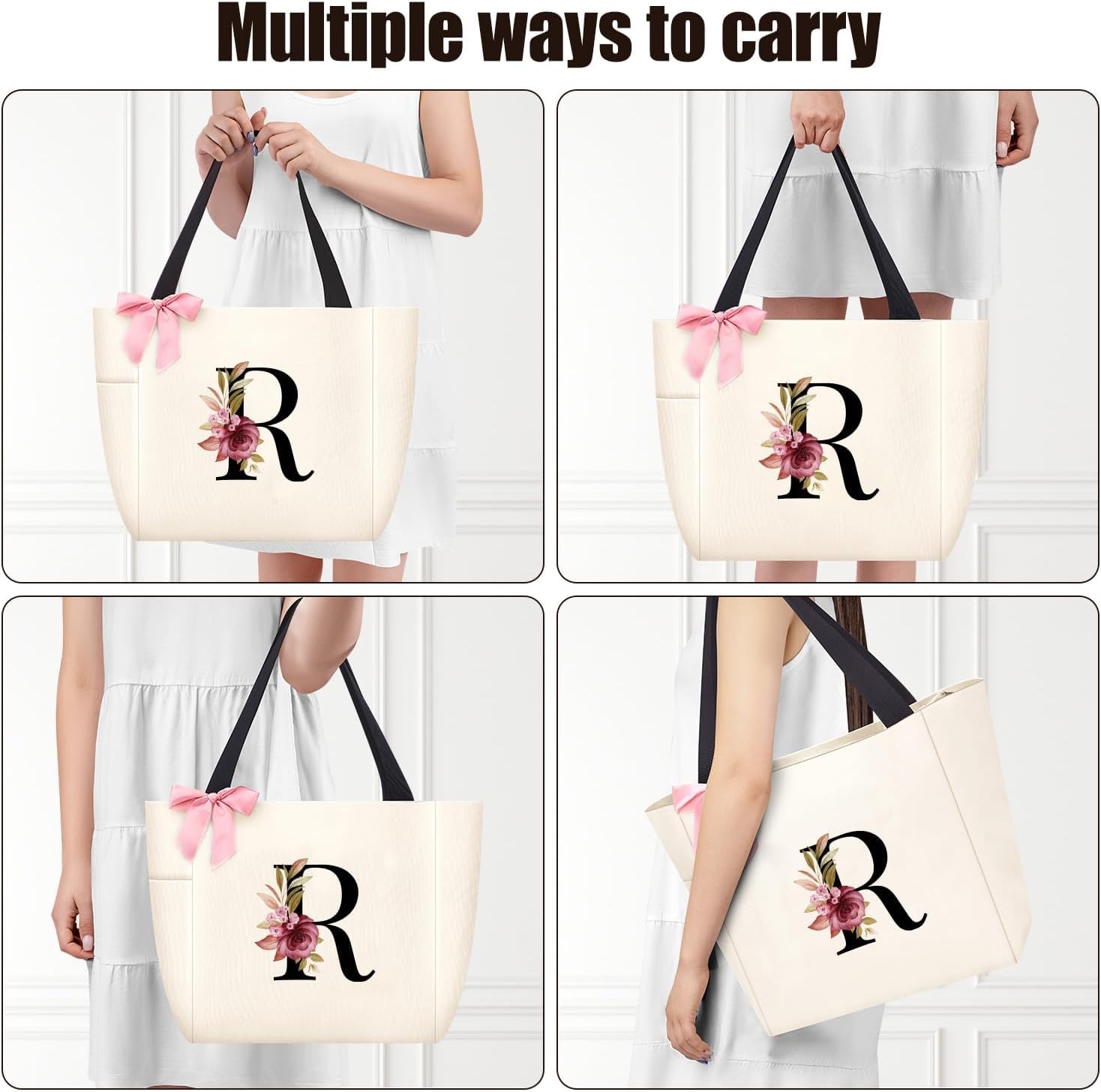 Vavabox Tote Bag, A-Z Initial Monogrammed Waterproof Tote Bag, Bridesmaid Gifts for Women, Black and Pink - Image 5