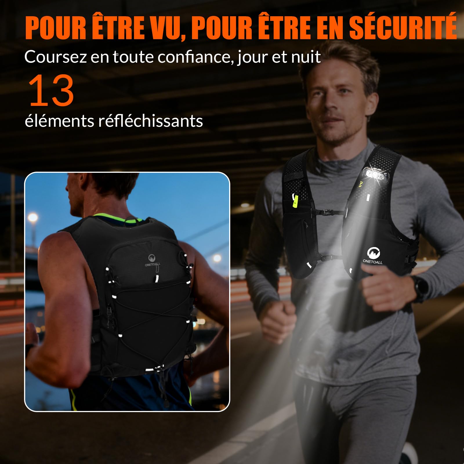 Gilet d'Hydratation Réfléchissant avec 2 Bouteilles 500ml - Sac à Dos de Course pour Homme Femme - Veste Running pour Marathon, Trail, Jogging