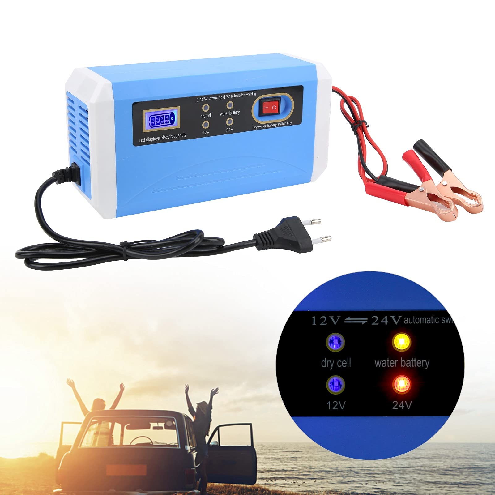 Caricabatteria per Auto, 12V/24V (20Ah/200Ah) Automatico Intelligente Mantenitore di Carica Caricabatteria per Barca, Barca, Camper, SUV, ATV, Display LCD, Riparazione(Regolamenti europei)