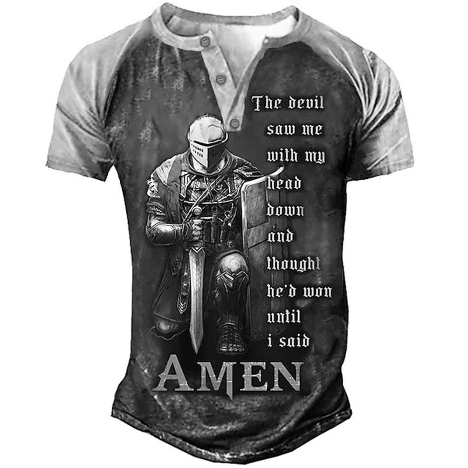 Keephen Men's # 3 Knight Templar T Shirts 3D Printed Short Sleeve Distressed Henley Shirt Vintage Outdoor Sports Tactical Henley T Shirt