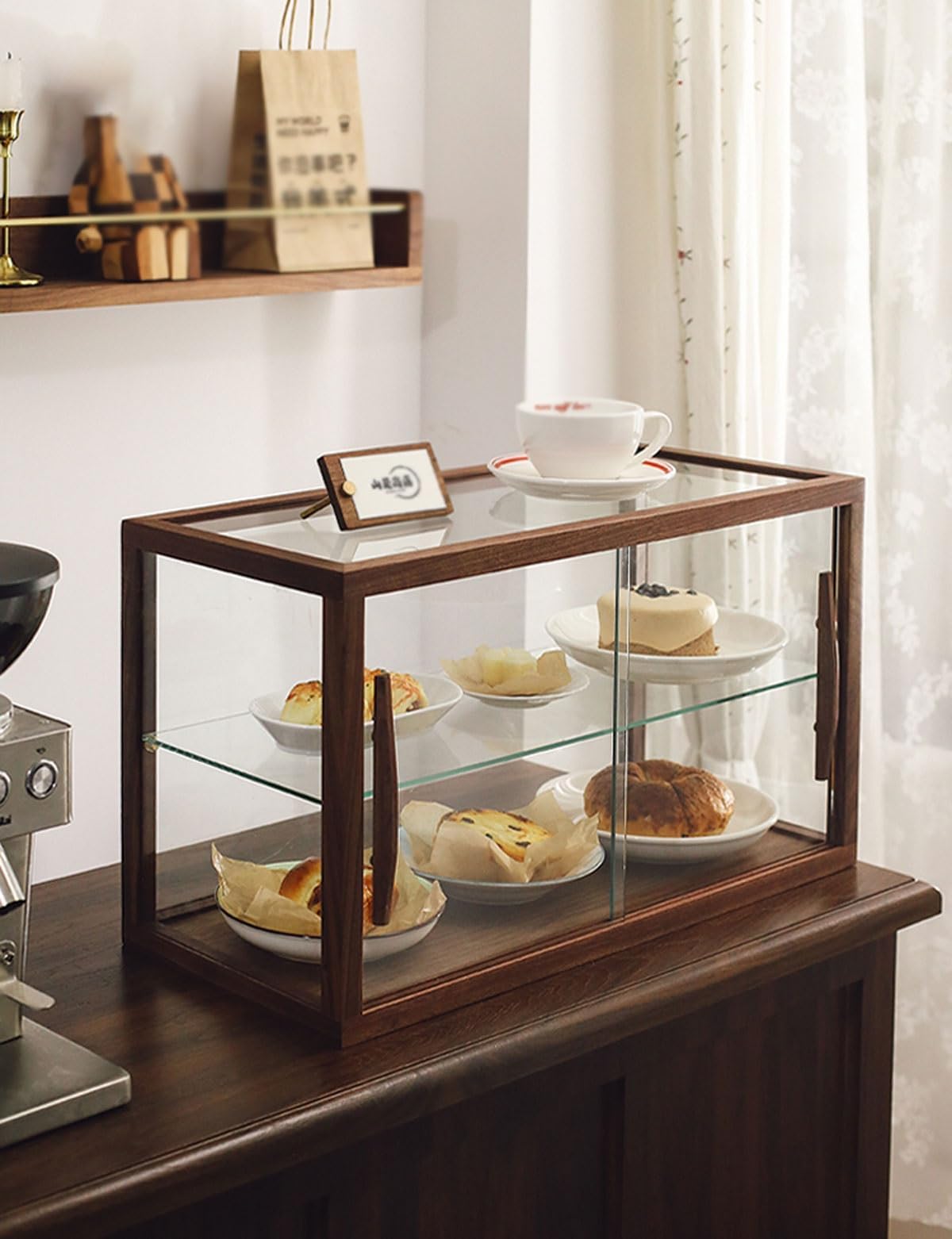 Vitrina de madera para panadería con encimera de vidrio transparente, ideal para repostería y exhibiciones coleccionables