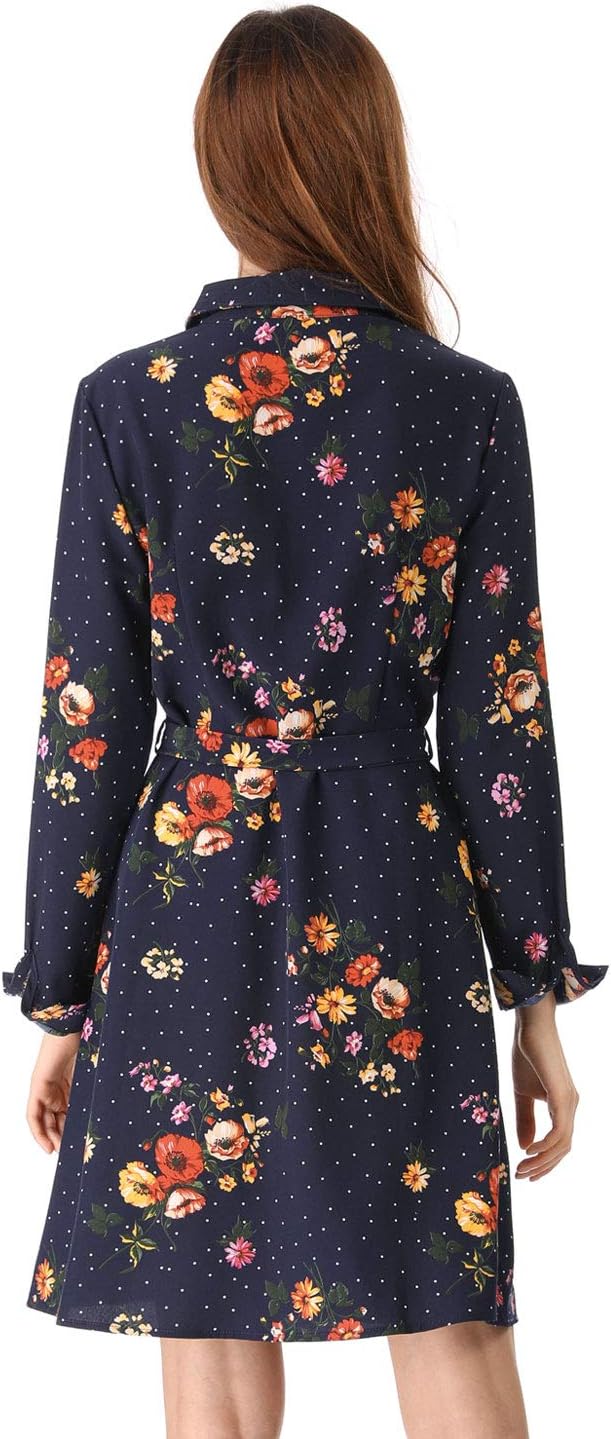 Allegra K Women's Button Down Vintage Polka Dots Dresses Collar Tie Belted Floral Shirt Dress - Image 5