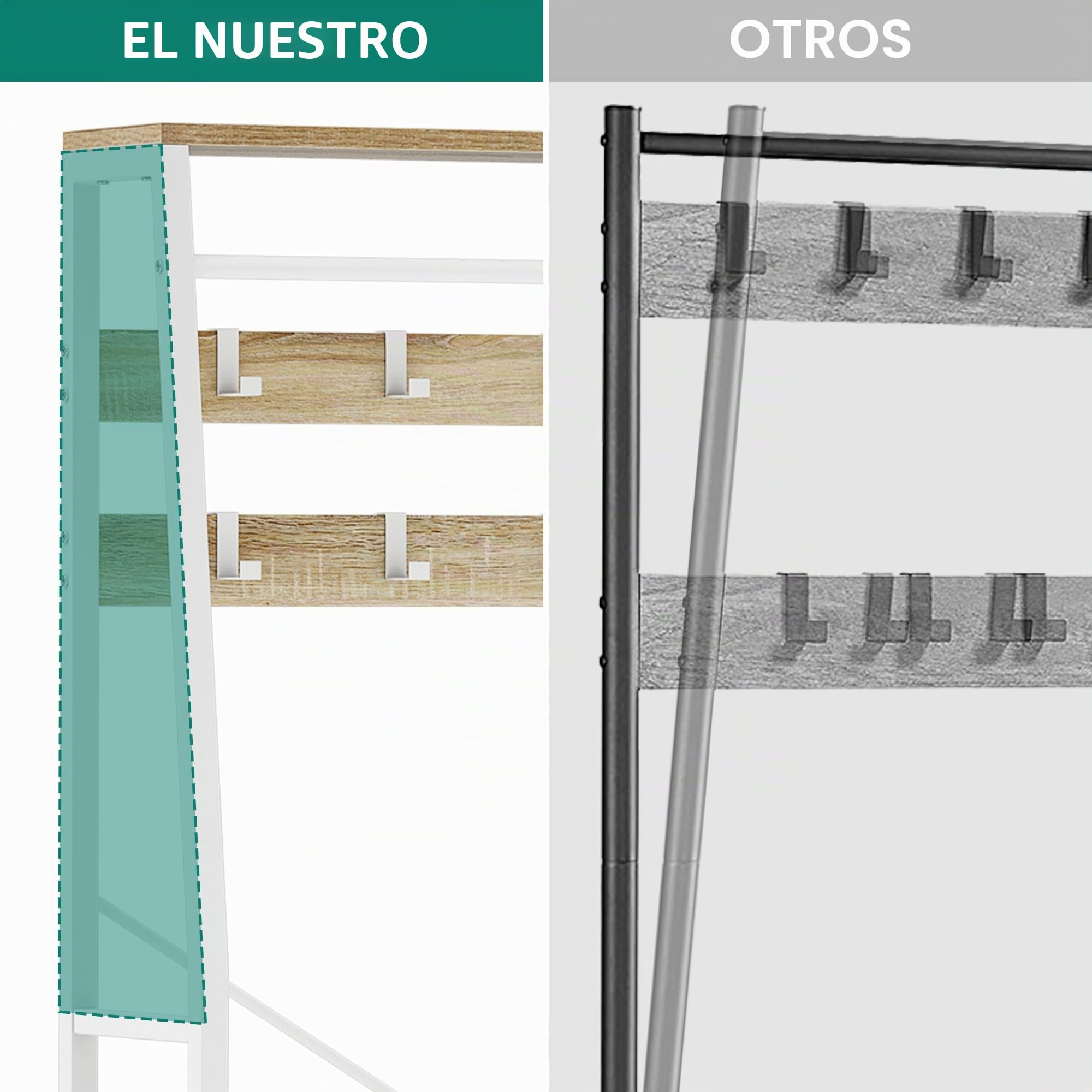 YITAHOME Perchero, Perchero 6 en 1 con 2 Cajones, Colgador Metálico con Zapatero, Barra Colgar Ropa de Madera y Metal con 8 Ganchos, para Recibidor, Sala de Estar, Dormitorio, Blanco y Roble