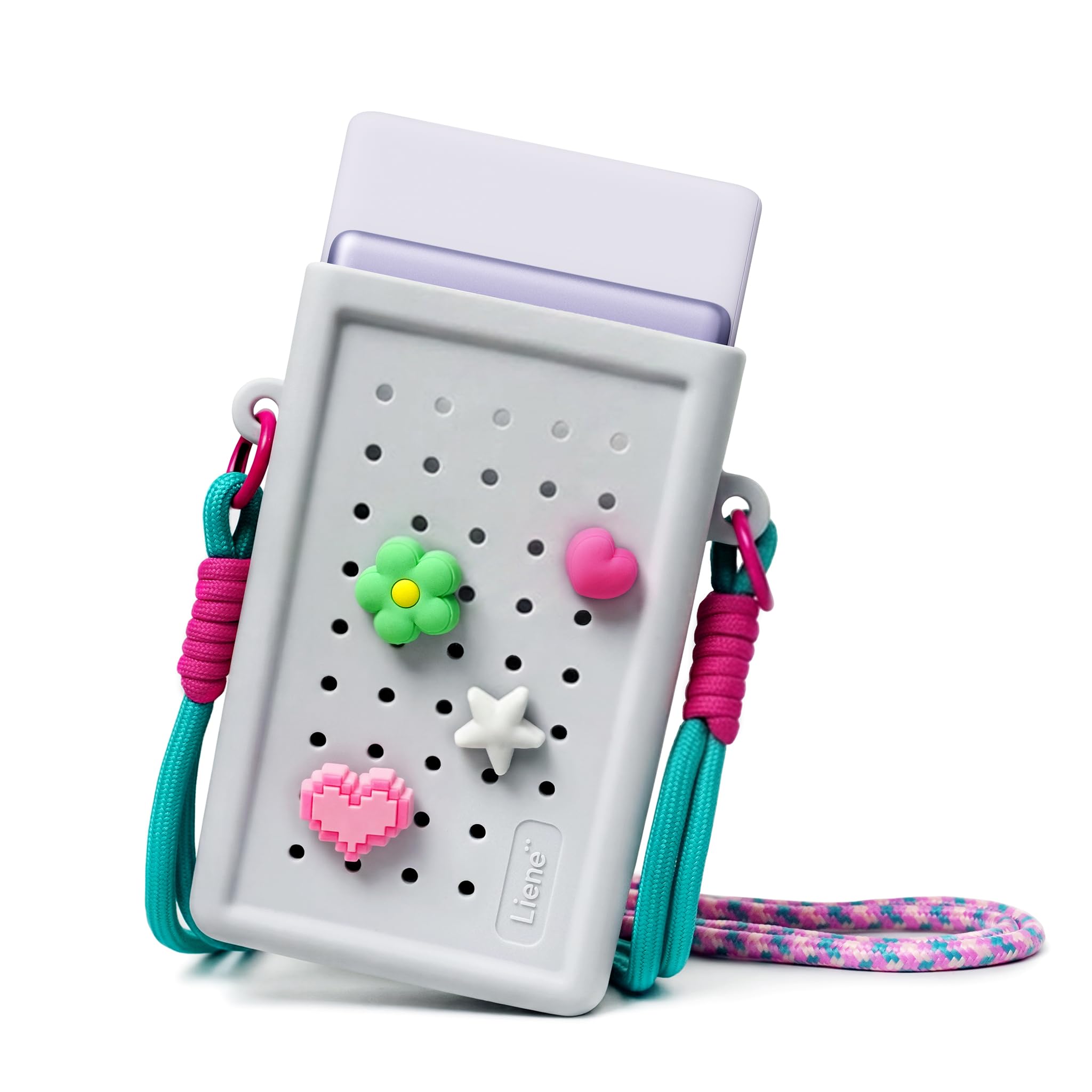 Liene DIY Silikon-Umhängetasche für Pearl N200 Pro Tragbarer Mini Fotodrucker – Schutzhülle in Grau mit abnehmbarem Trageriemen & DIY-Anhängern – lebensmittelecht, wasserfest, stoßfest – für unterwegs