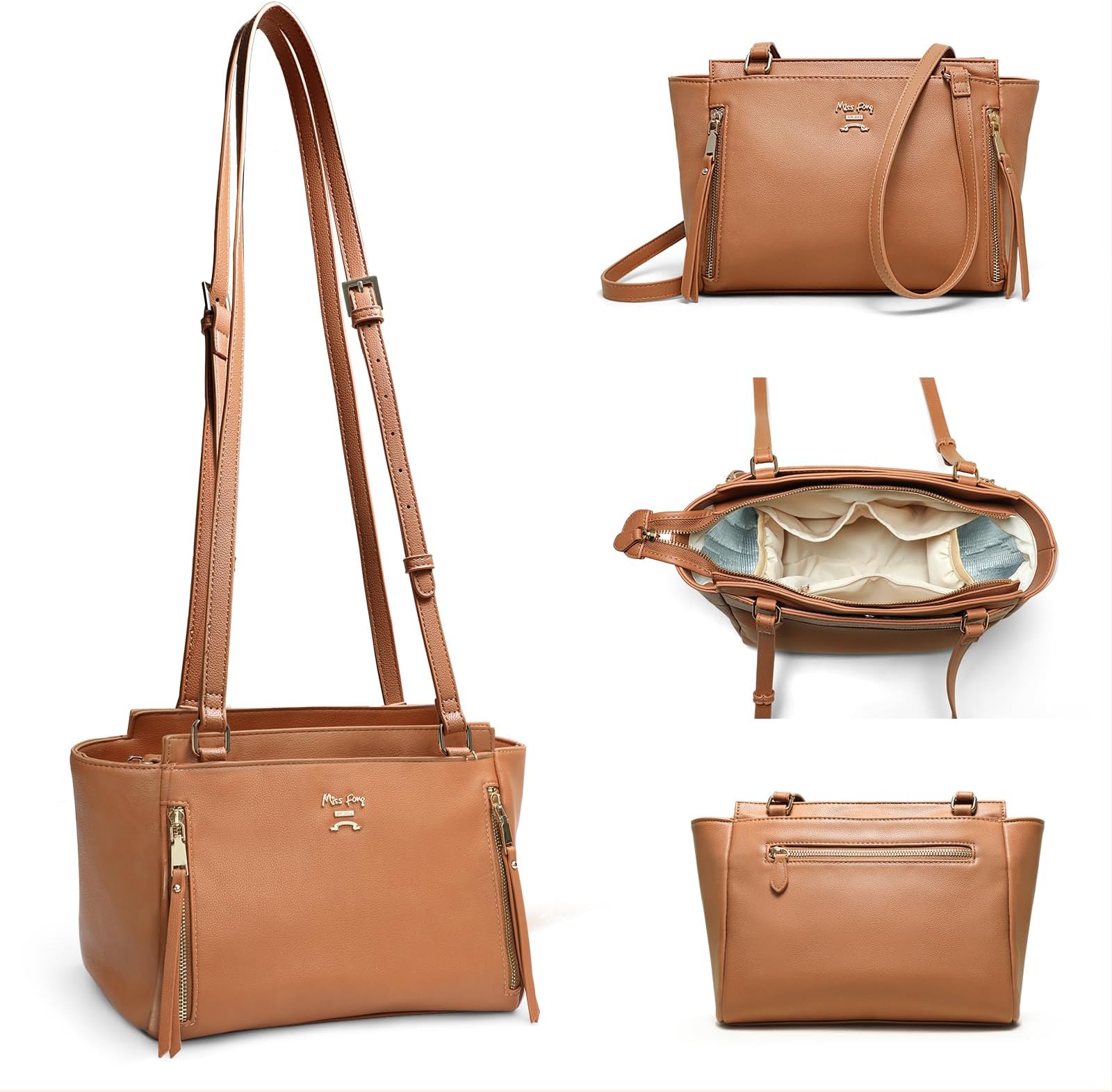 miss fong Small Diaper Bag Crossbody Diaper Bags, Diaper Bag Purse, Diaper Clutch with 7 Pockets 2 Insulated Pockets and Adjustable Shoulder Strap(Brown) | Leather Material, Waterproof, Large Capacity