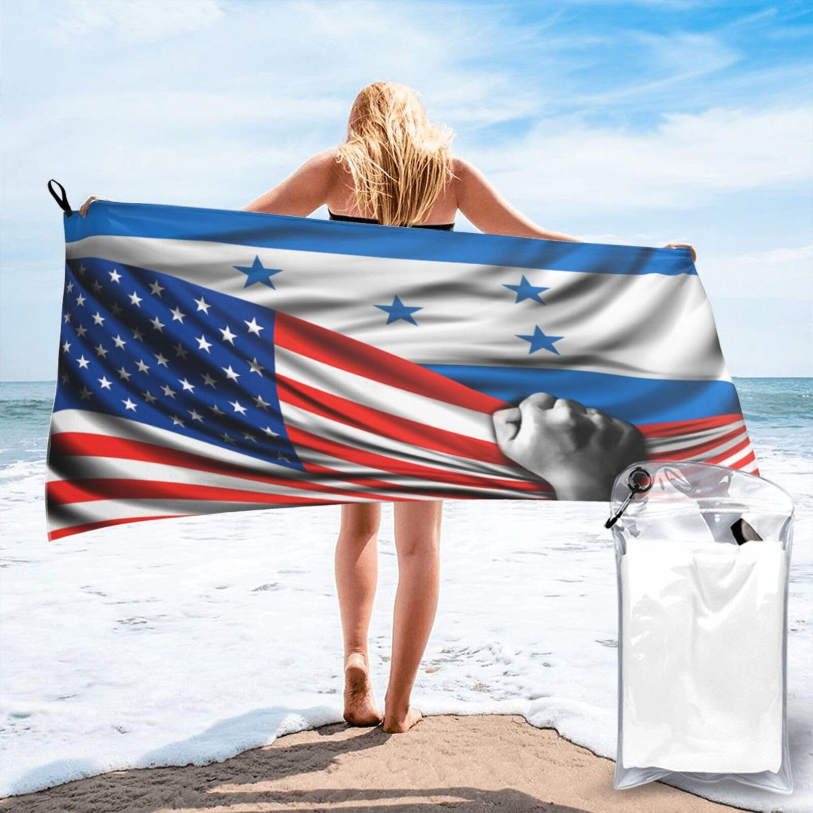 HACXZ Beach Towel America Flag and Hondurans Honduras Flag Microfiber Beach Towel Lightweight Absorbent 31.5"X63"