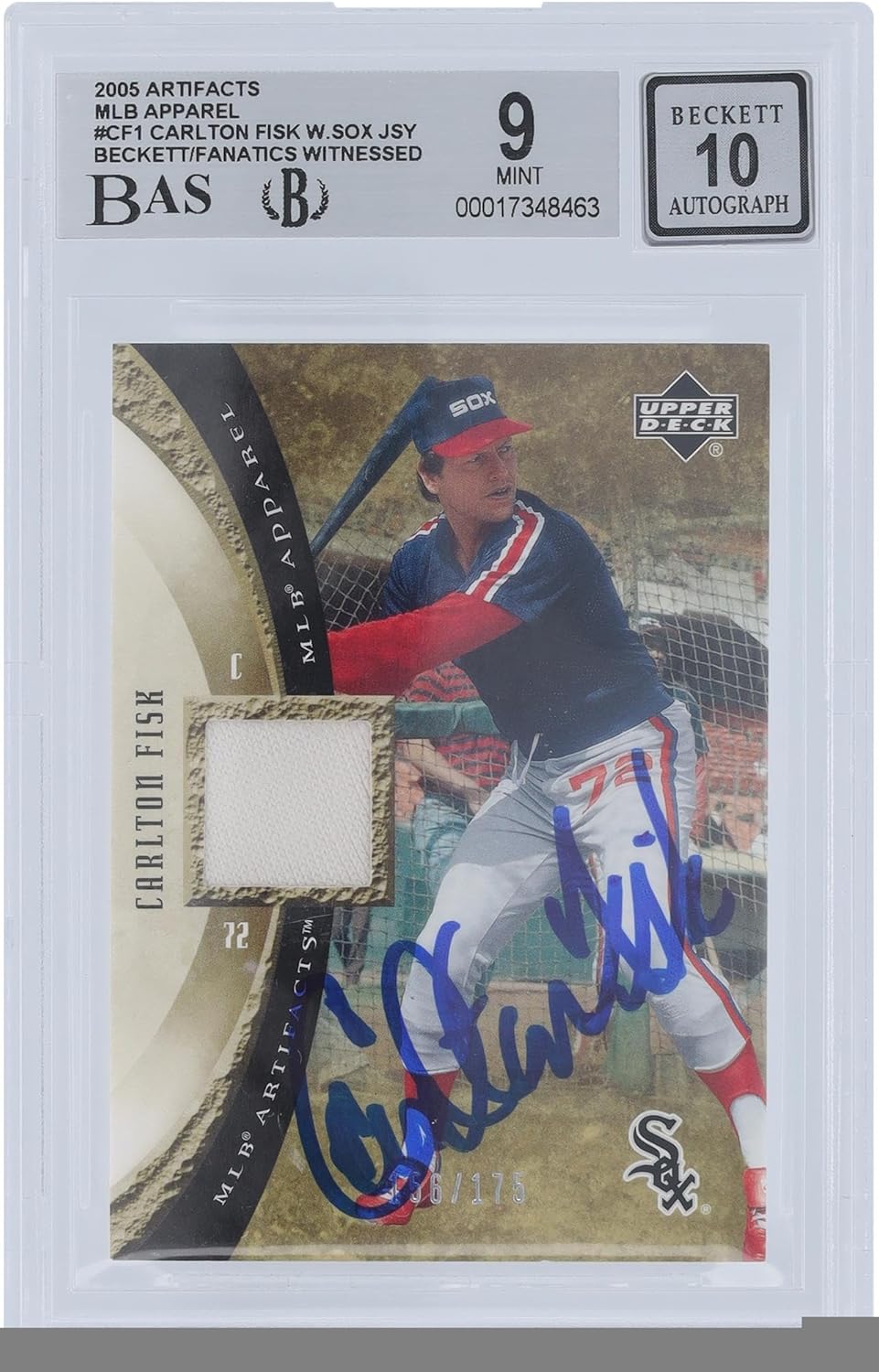 Carlton Fisk Chicago Sox Autographed 2005 Upper Deck Artifacts MLB Apparel Relic #MLB-CF1#/175 Beckett Fanatics Witnessed Authenticated 9/10 Card - Baseball Slabbed Autographed Cards