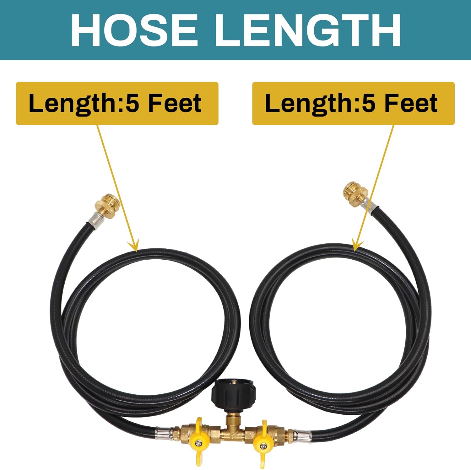 5ft Propane 2 Way Splitter Adapter Hose 1 lb to 20 lb Converter with Shut Off Valve, Propane Hose Adapter 1lb Portable Appliance to QCC1/Type1 5-40lb Tank for Camping Stove, Gas Grill, Portable Heater
