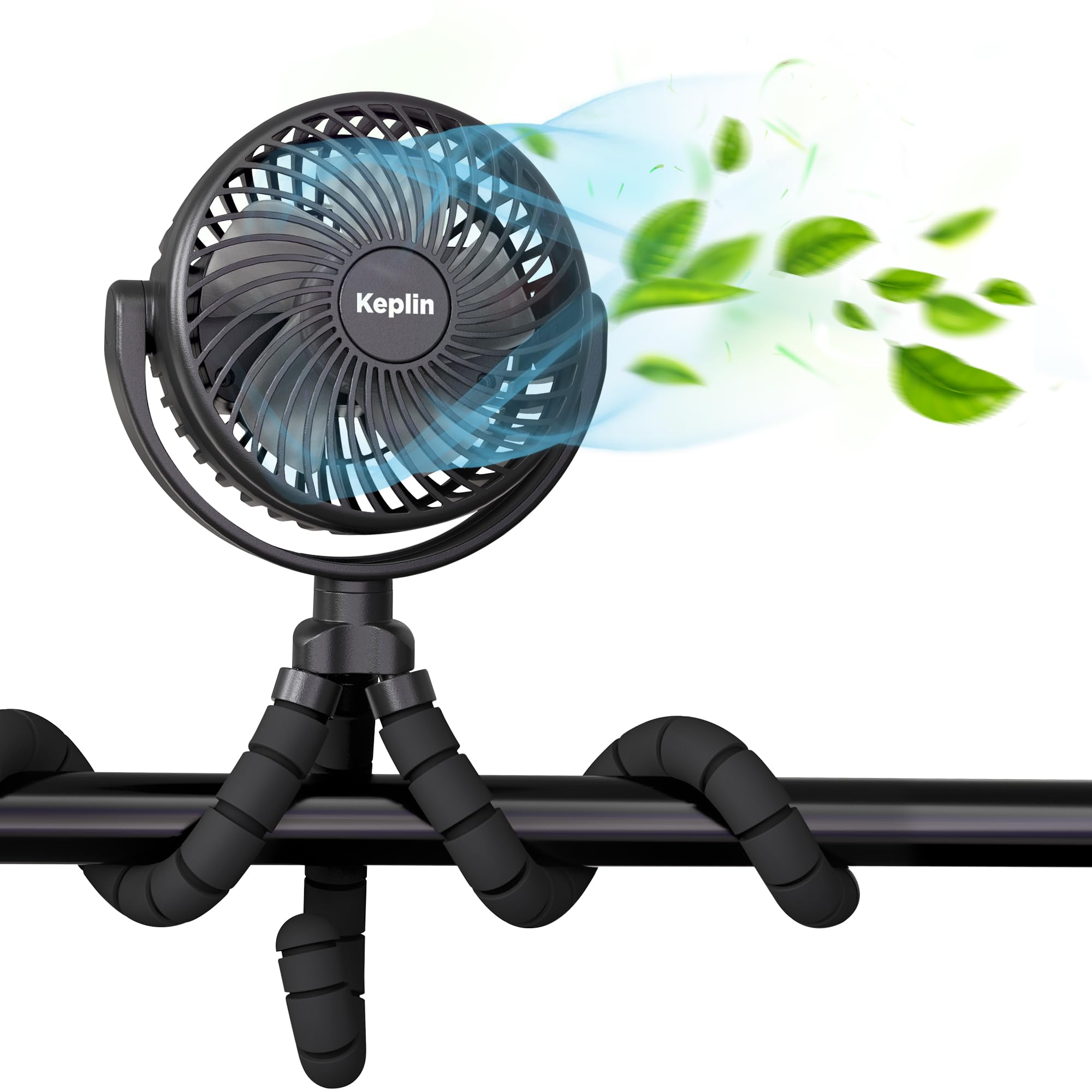 KEPLIN Portable Rechargeable Pram Fan Clip, 5000mAh Battery, 3 Speeds, 360° Tripod Clips Fan for Stroller, Pushchair, Car, Desk, Baby Pram Fans Clip On Stroller, Rotatable & Detachable (Black)