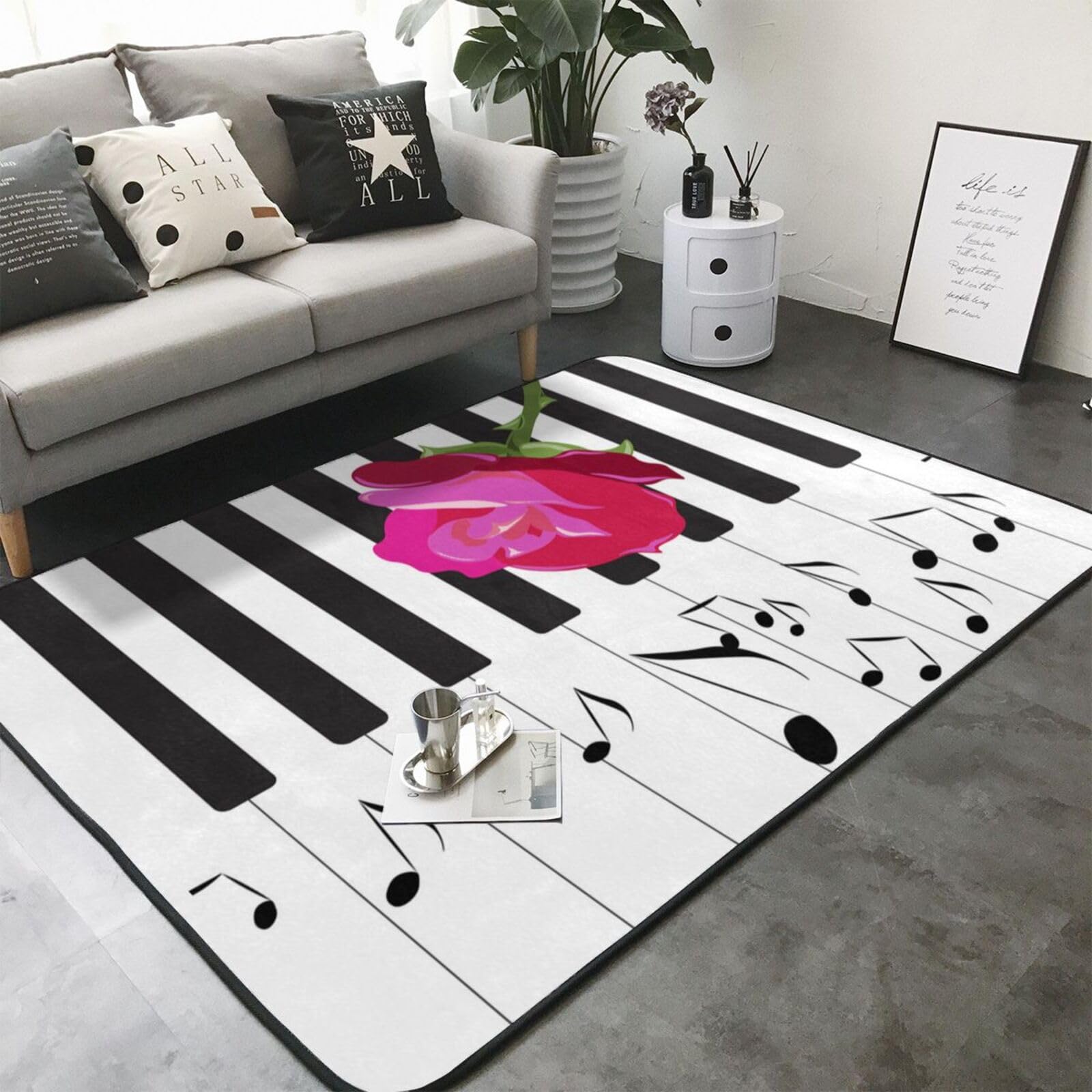 Musica astratta per pianoforte e fiori di rosa rossa, Tappeto grande antiscivolo per soggiorno e camera da letto, 208 x 148 cm.