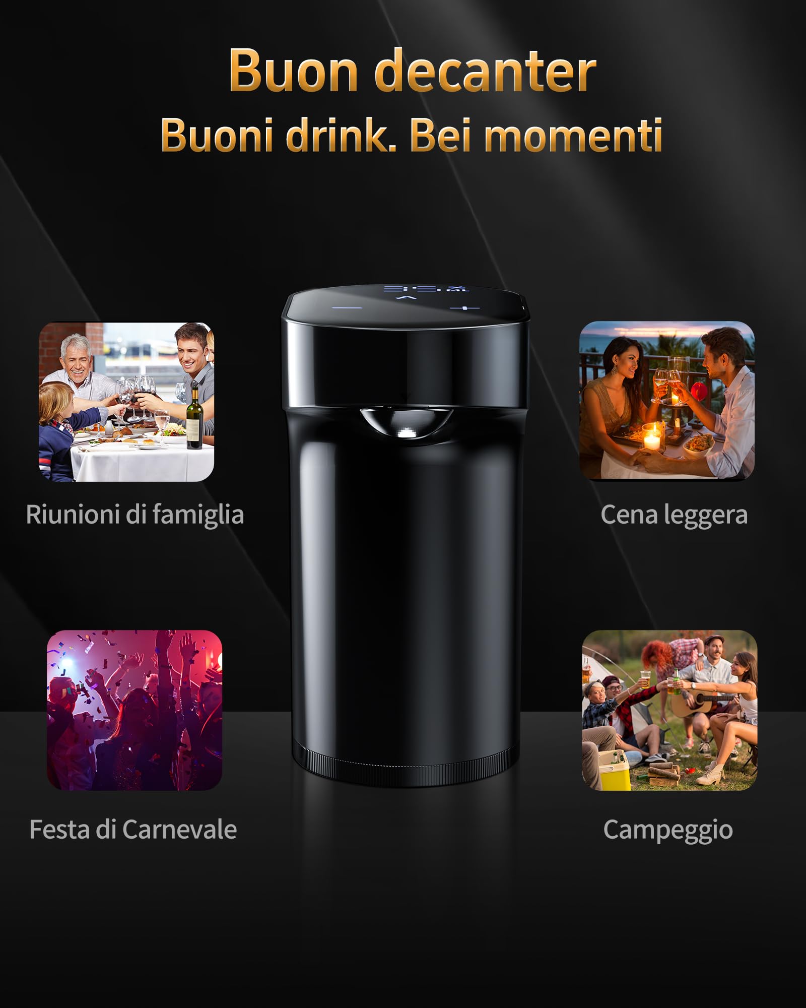 Regalo per la Festa della Repubblica - 5-in-1 Decanter Elettrico Vino & Erogatore Liquori Smart | Aeratore Auto con Dosaggio 1-999ml | Per Appassionati di Vino, Whisky e Host (Nero)