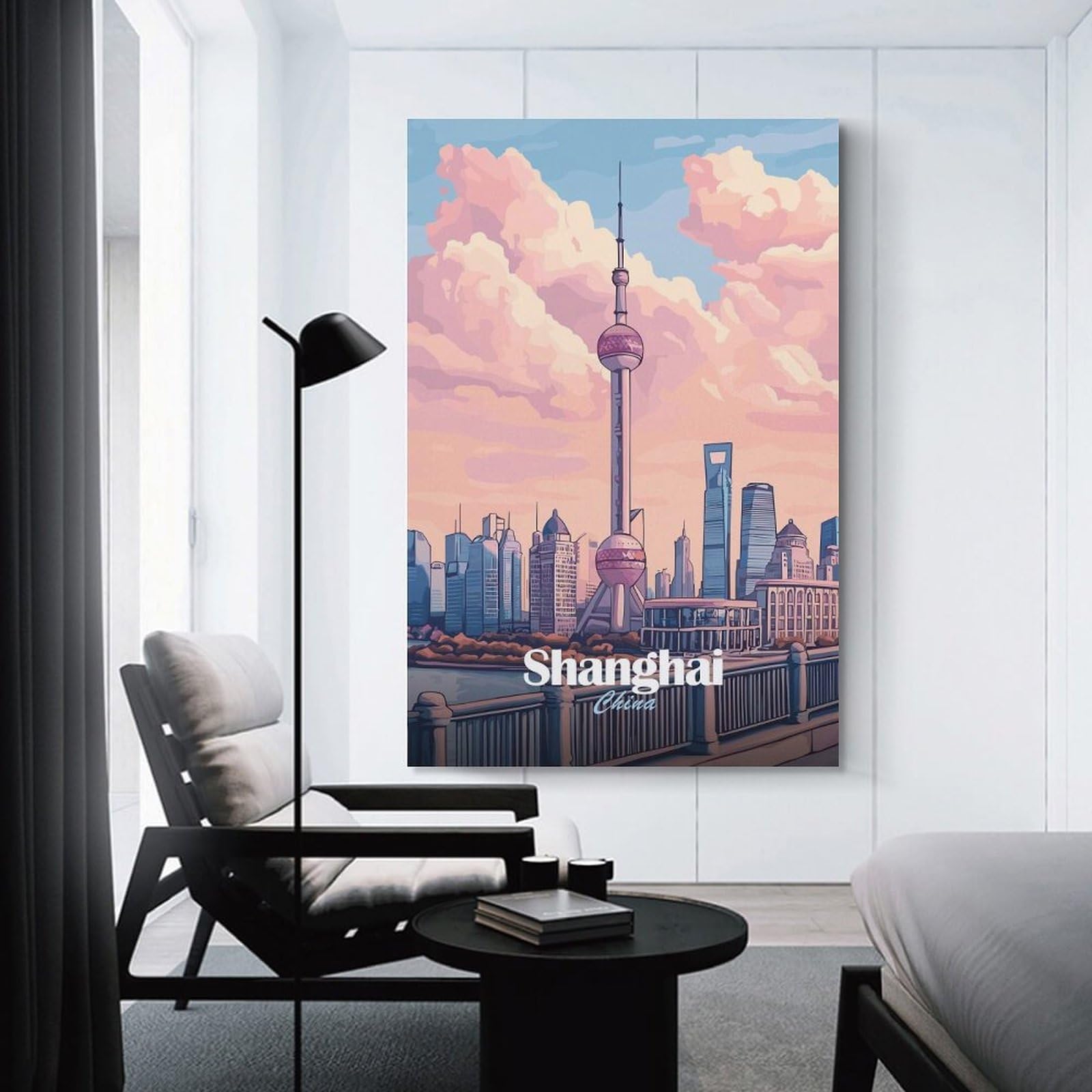 Junmoney Decorative Canvas Print Shanghai Skyline Illustration, 12x18inch(30x45cm), for Home Office, Desk Area Or Studio, Home Office Artwork with Decorative Appeal