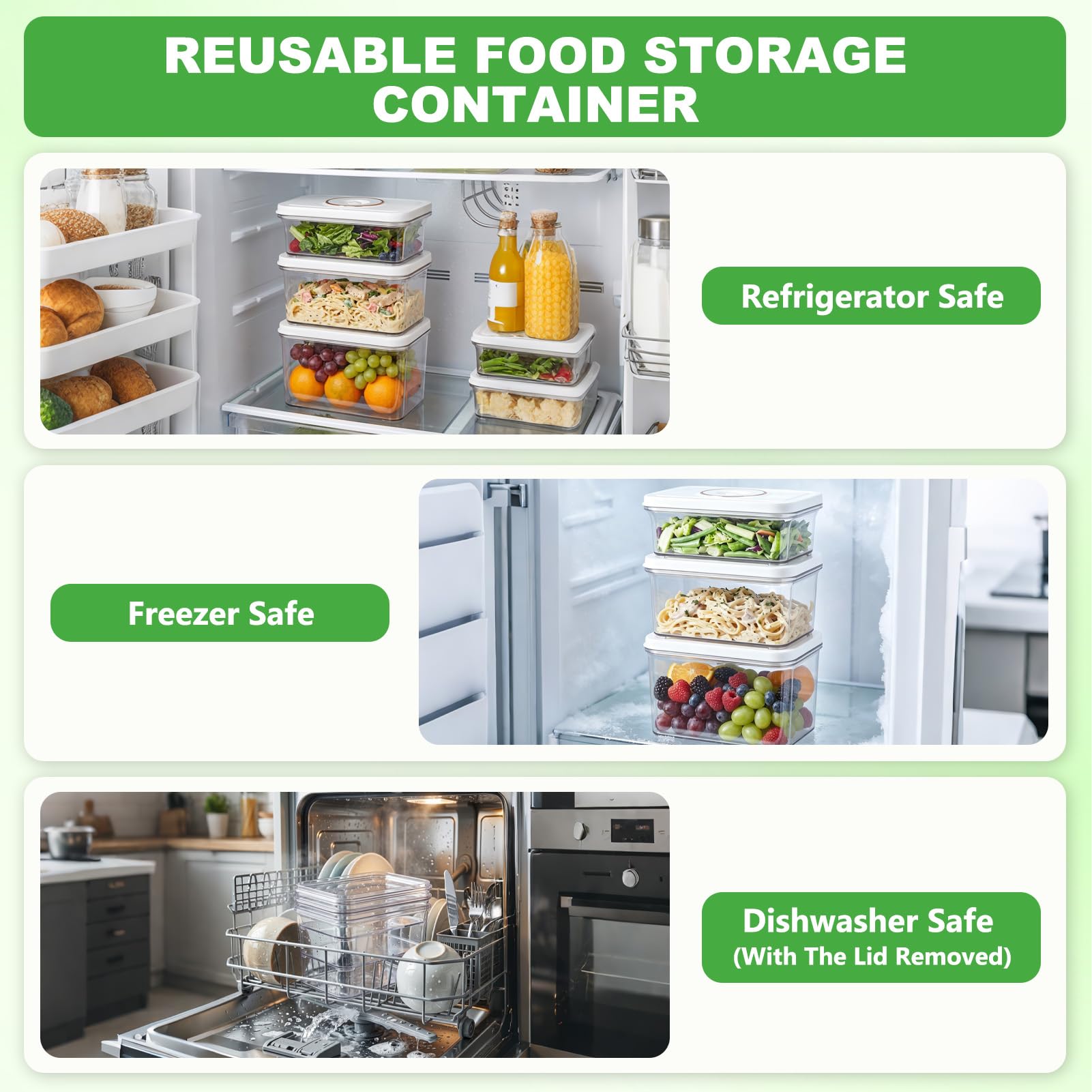 Set di 3 contenitori riutilizzabili ermetici e rettangolari, da 850 ml, 1300 ml e 1800 ml, con coperchi per sottovuoto frutta e verdura in frigorifero