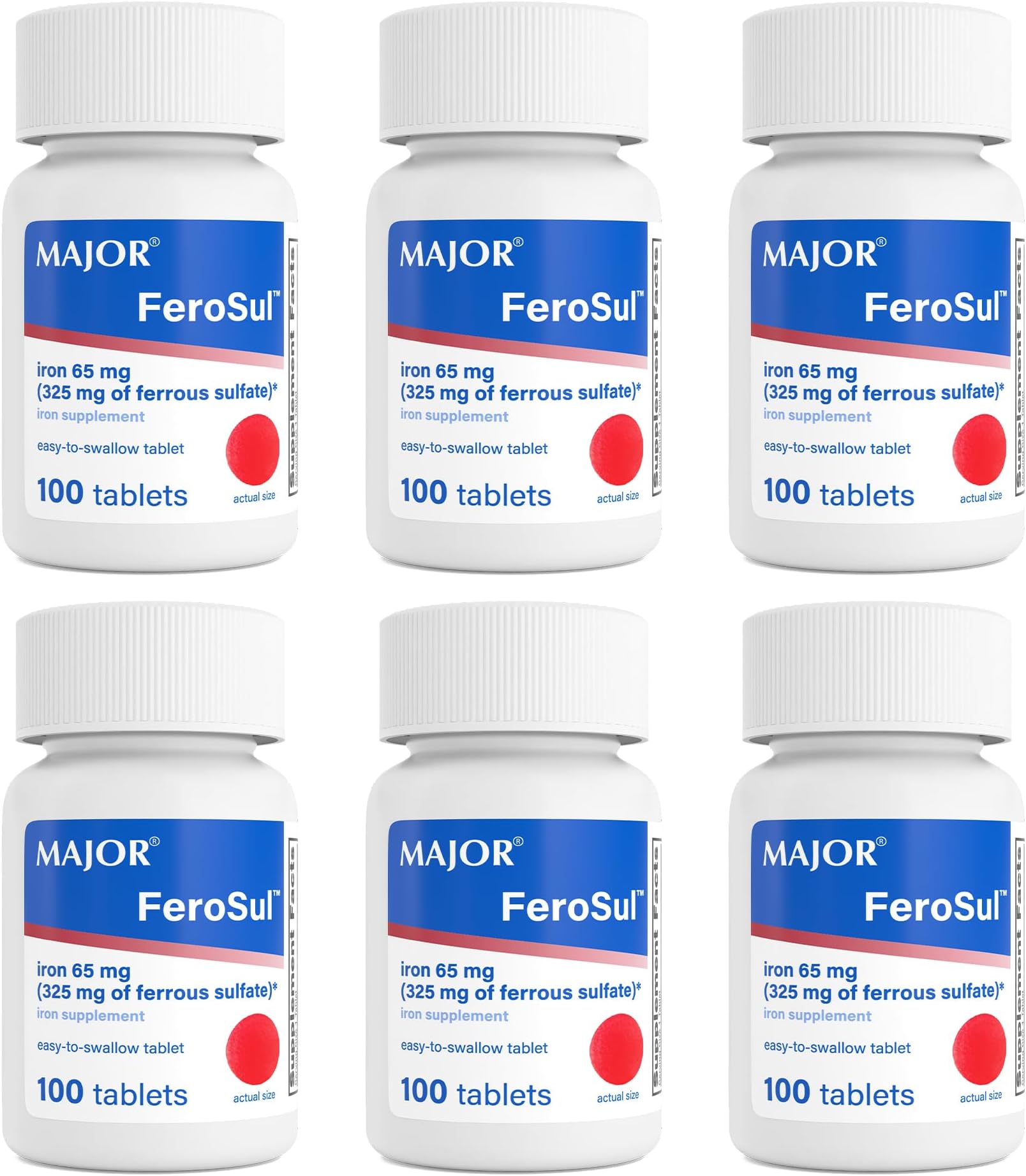 Major Ferosul - Ferrous Sulfate 325mg Tablets with 65mg of Elemental Iron - Iron Supplement for Women, Men - Red - 100 Count (6 Pack)