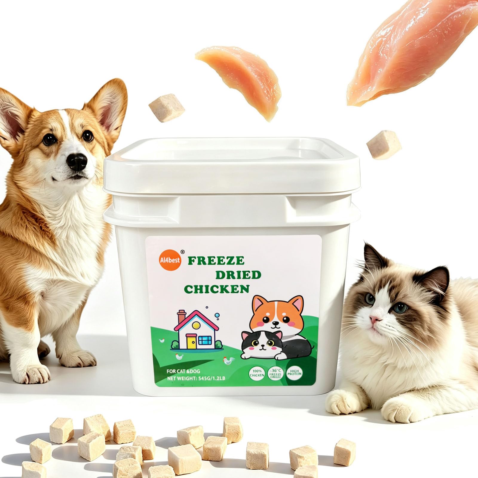 545g/1.2LB Freeze Dried Chicken Cat Treats and Food 100% Chicken Natural Grain Free Allergen-Free & Hypoallergenic Easy Digestion Nibbles Nutritious Cat, Kitten and Dog Snacks(Small-Sized Cube 10mm)