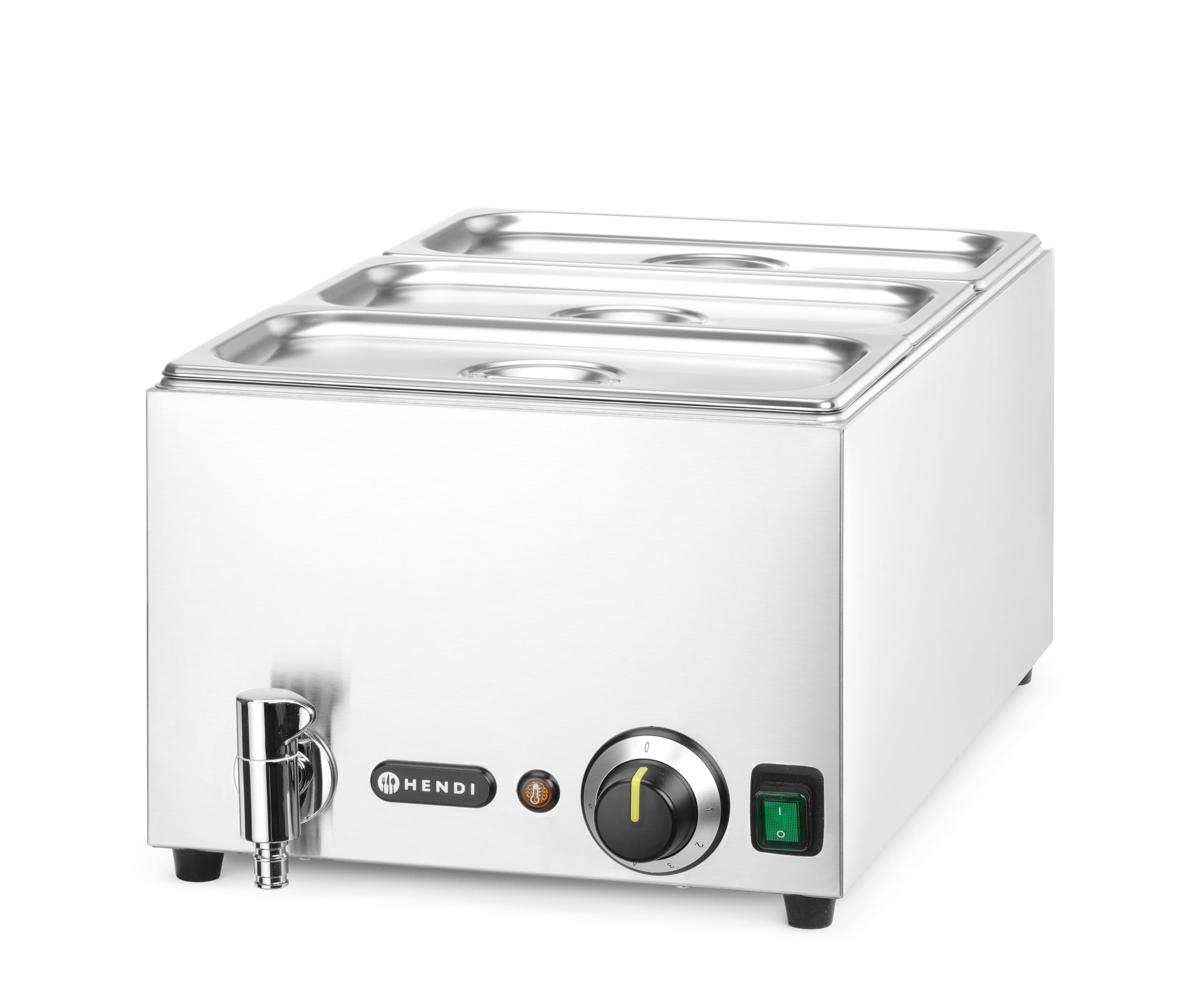 HENDI Bain-Marie mit Ablasshahn Set, mit 3x GN1/3 Behälter und Deckel, Temperaturbereich: 30° bis 85°C, 6 Heizstufen, Speisenwärmer, Buffetwärmer, GN1/1, 230V/1000W, 604x332x(H)242mm, Edeltahl