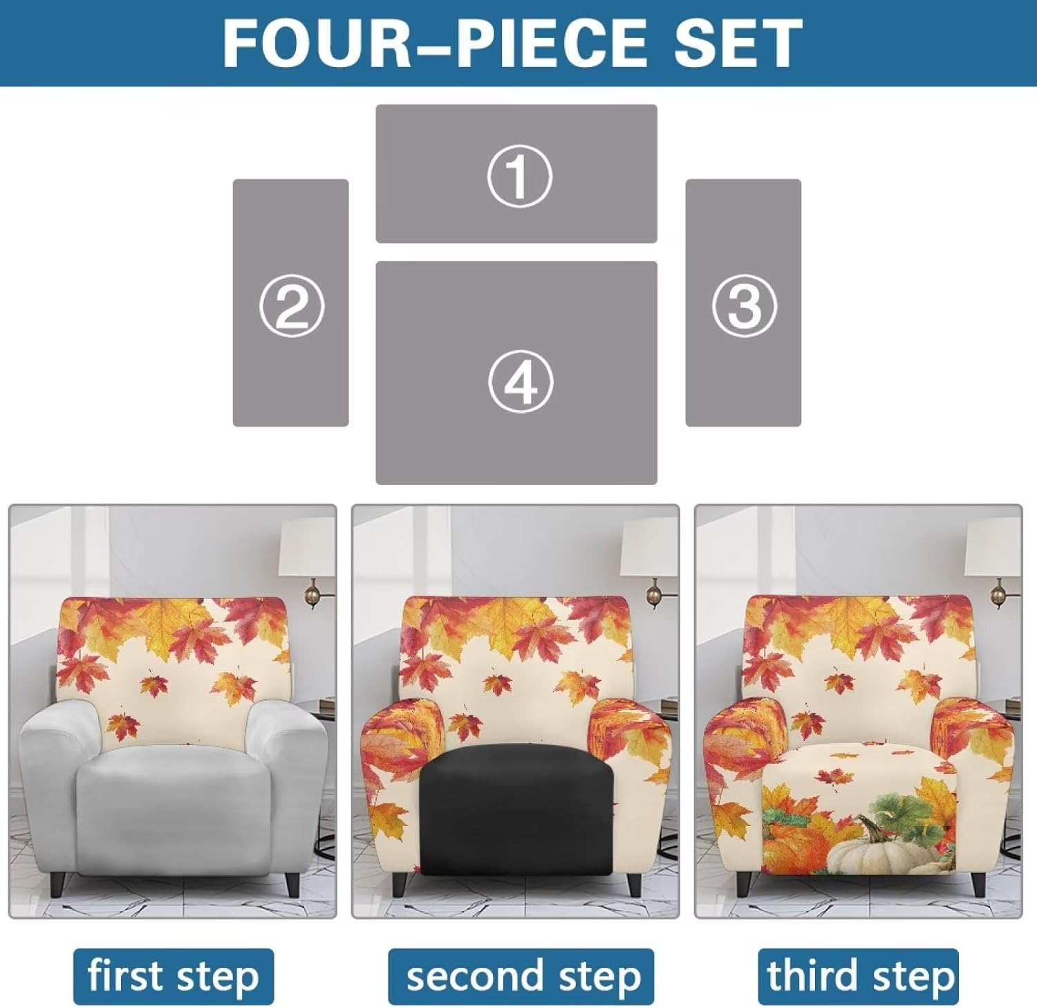 FOR U DESIGNS Falll Maple Leaves and Pumpkin Reclining Chair Cover 4-Piece Stretch Recliner Covers Set with Elastic Edges Furniture Protector Washable for Small Recliners