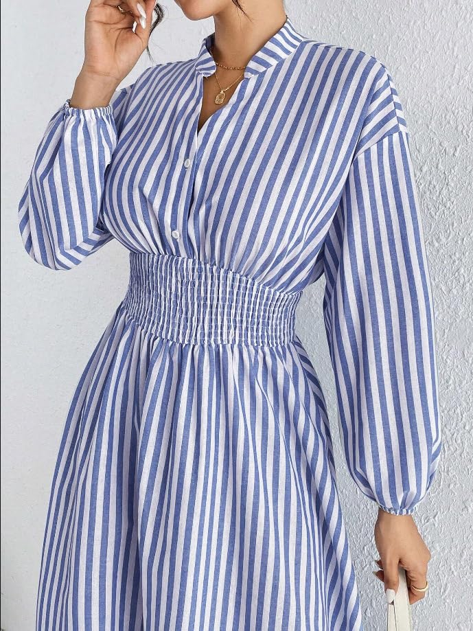 utcoco Women's Beach Boho Striped Smocked Waist Maxi Dress Long Sleeve A-Line Swing Long Dresses4