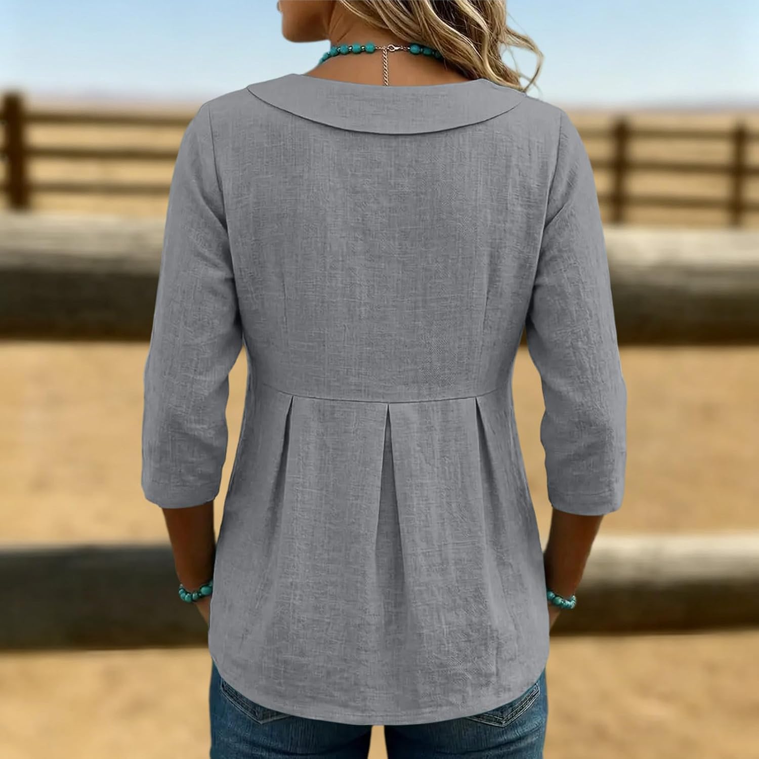 Womens Linen Tops Casual Round Neck 3/4 Sleeve Tunic T Shirts | Comfy Soft Loose Fit Lightweight Pleated Blouses Solid Color Plus Size Peasant Travel Vacation Outfits