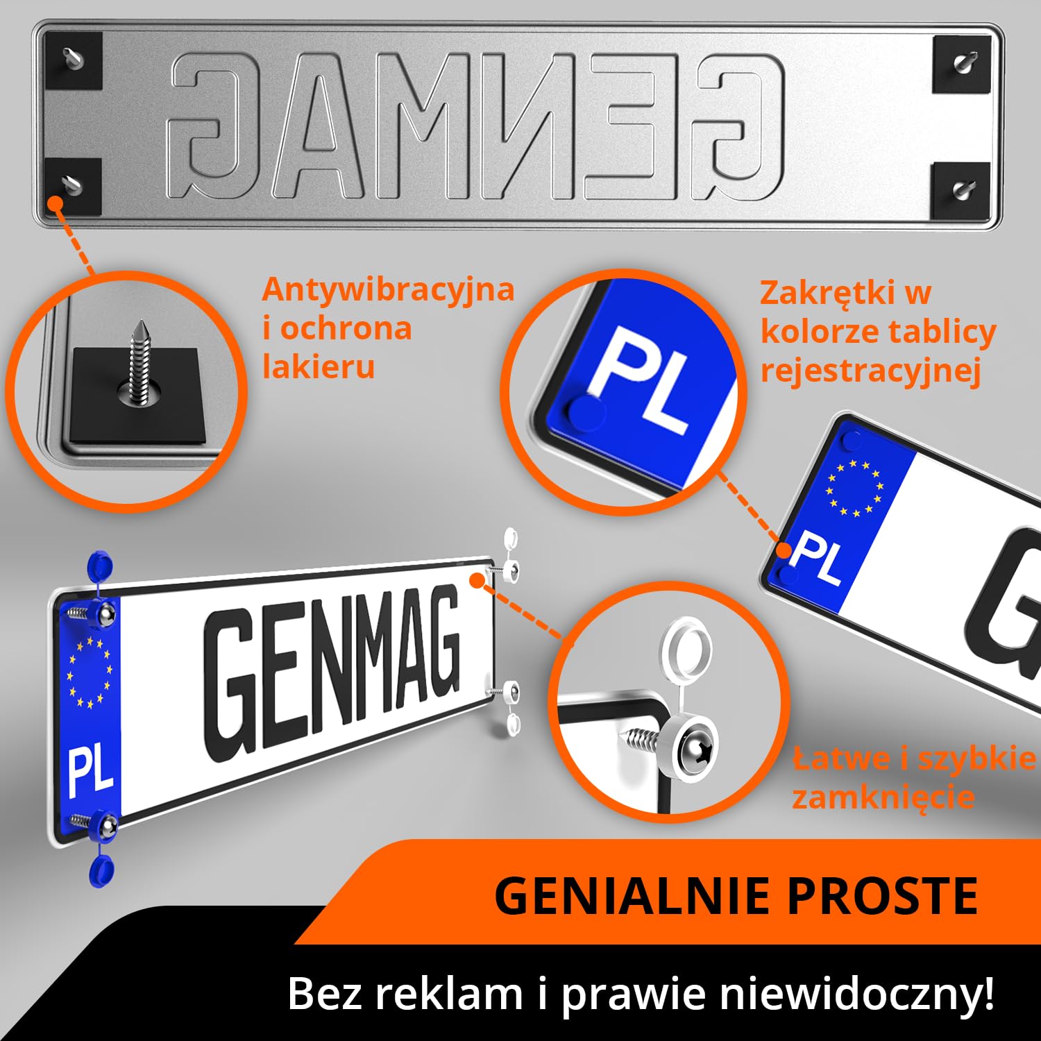 GENMAG® Śrubki do Tablicy Rejestracyjnej z Zaślepkami | Ramki pod Tablice Rejestracyjne | Bezramkowy Uchwyt Tablicy Rejestracyjnej z Zaślepki i Śruby | Wkręty Tablicy Rejestracyjnej z Zaślepka