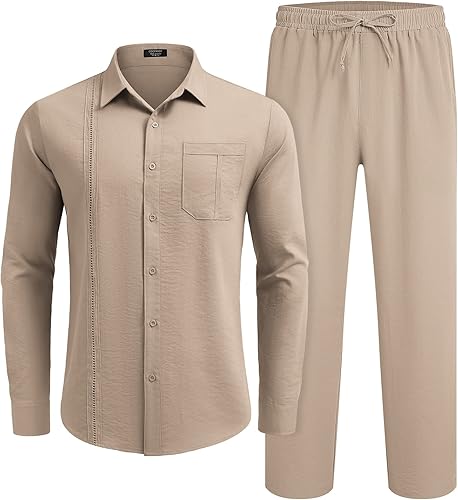 Miniatura 4 de COOFANDY Conjunto de 2 piezas de lino para hombre, camisa y pantalones cubanos con botones y manga larga, conjunto de verano para la playa