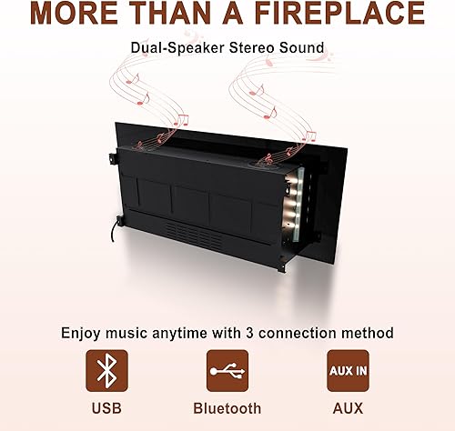 Miniatura 5 de Chimenea eléctrica de 42 pulgadas con altavoces de música, chimenea lineal ultrafina montada en la pared, ajustable, 8 colores de llama, bajo ruido,
