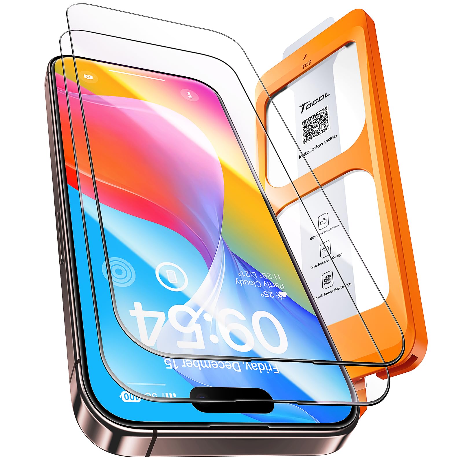 TOCOL for iPhone 16 Plus / 15 Plus Screen Protector, Easy Installation