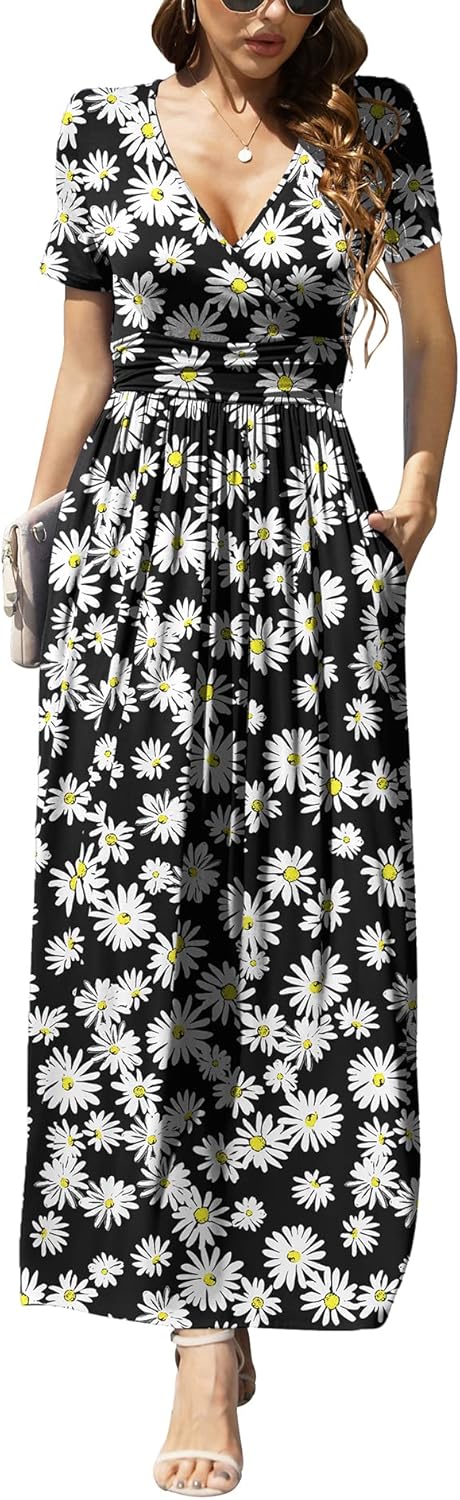 LILBETTER Women’s Summer Short Sleeves Dress Wrap Waist Maxi Dresses with Pockets